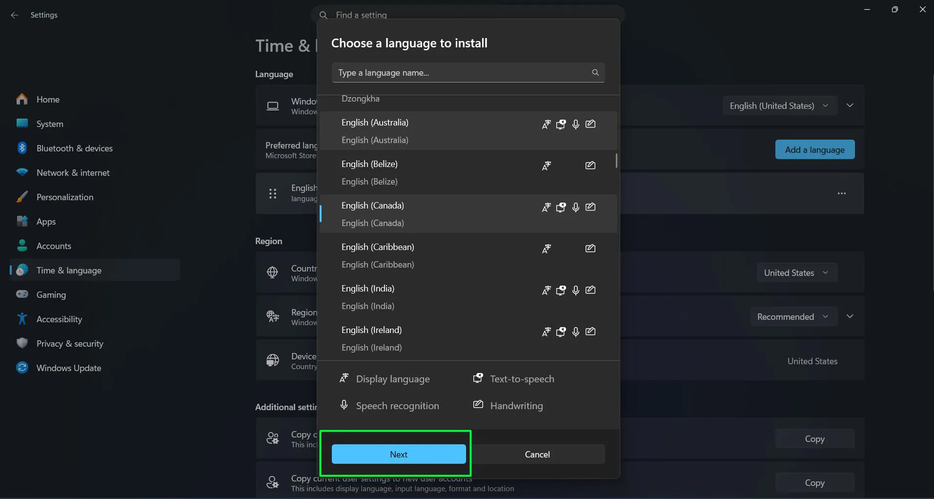 Select the language and click 'Next'