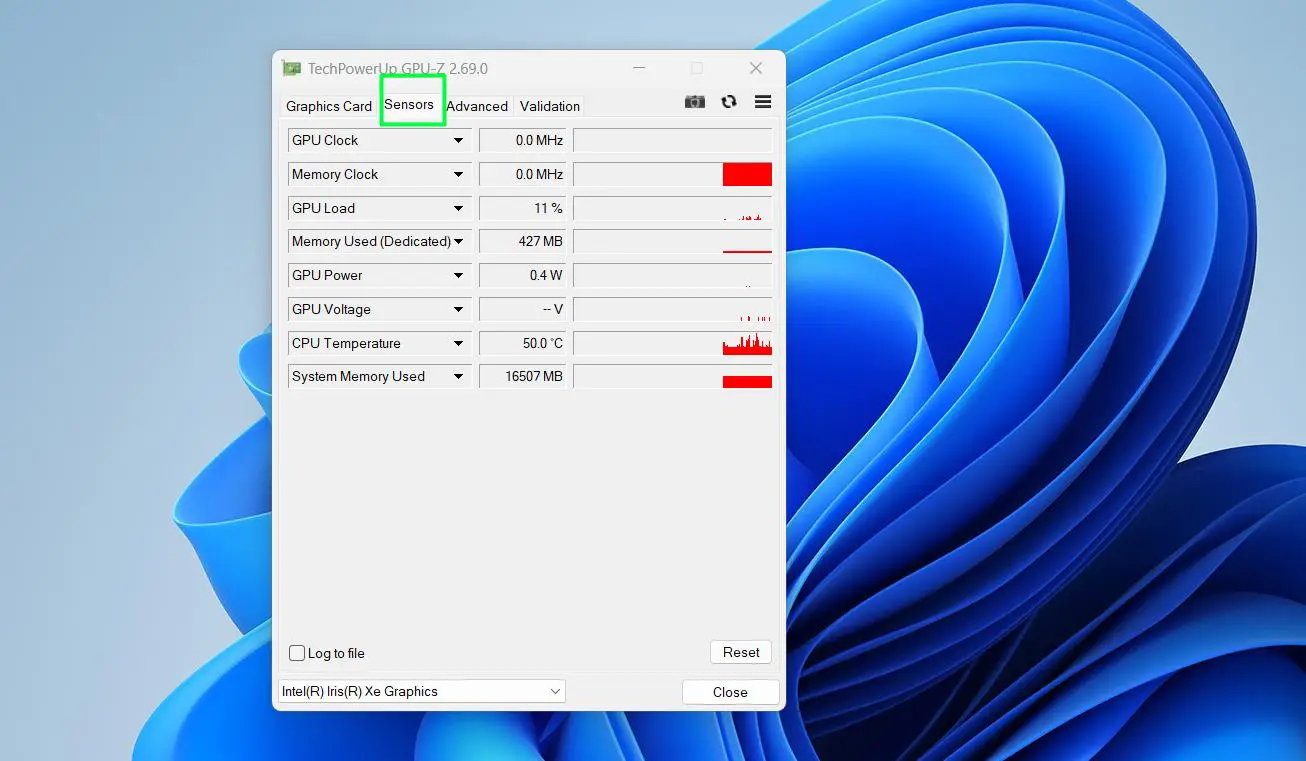 Sensors tab delivers live readings for GPU core load, memory controller load, VRAM usage, GPU temperature, fan speed, core clock, and memory cloc