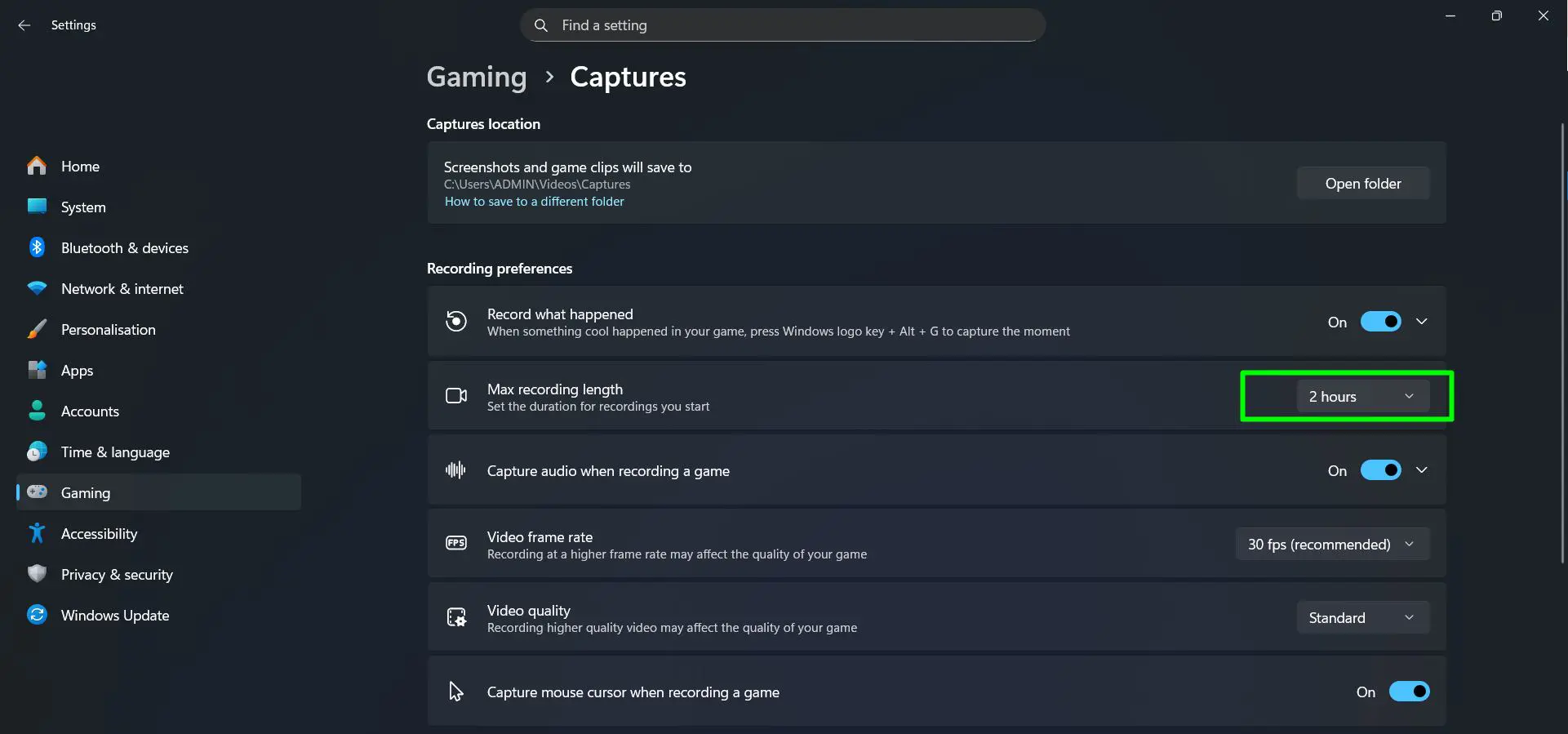 Set ‘Max recording length’ using the dropdown