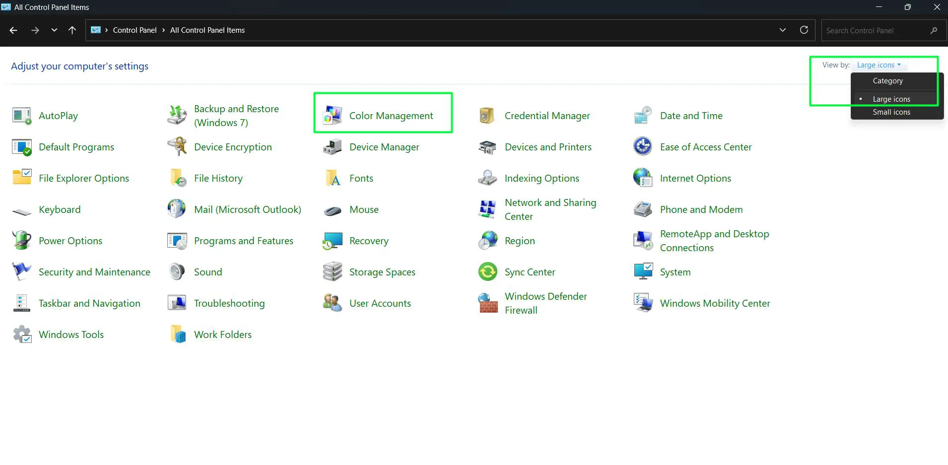 Set View by to Large icons or Small icons and Click Color Management