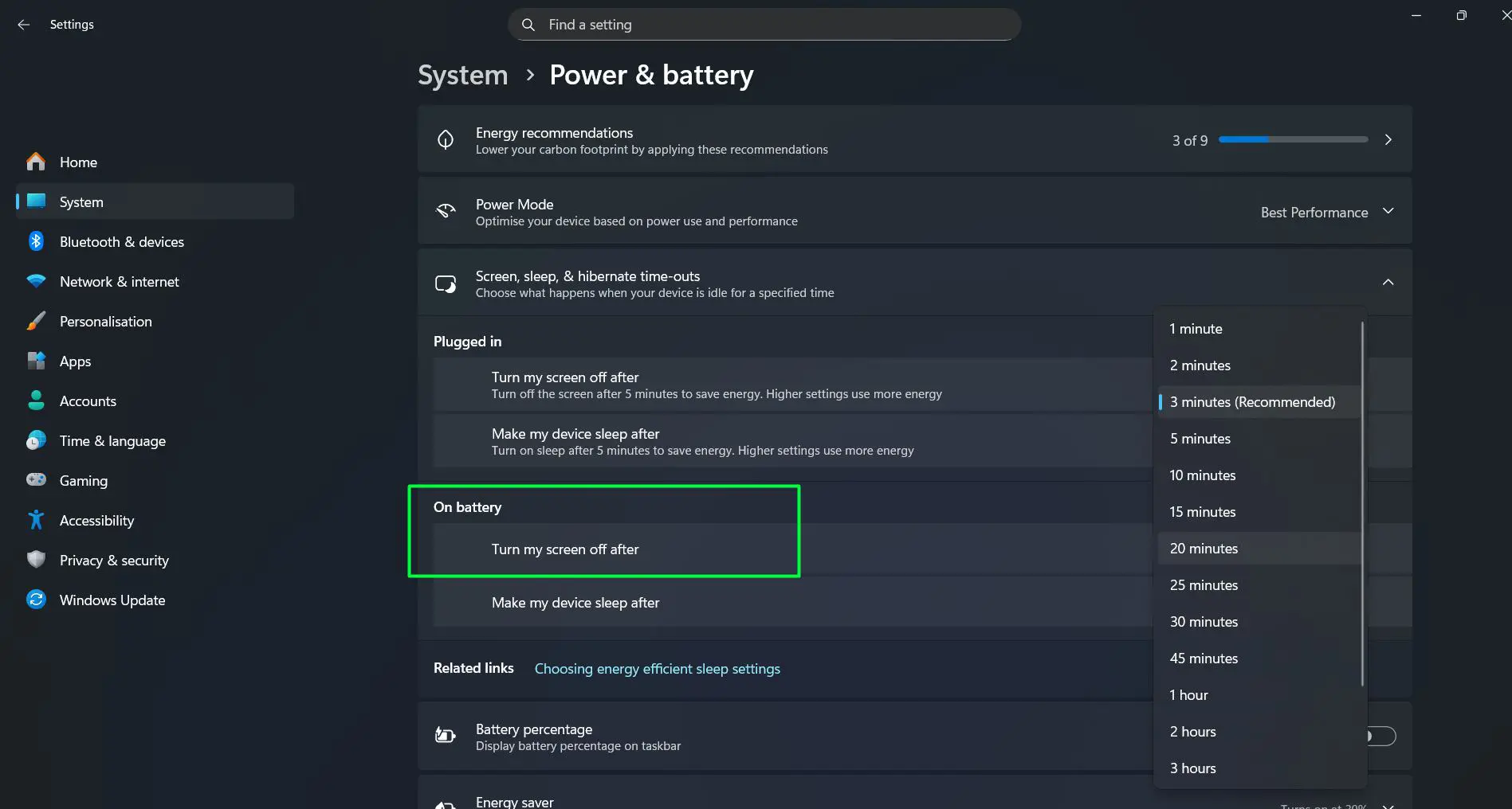 The ‘On battery’ section contains the ‘Turn my screen off after’ setting for when the laptop is unplugged.