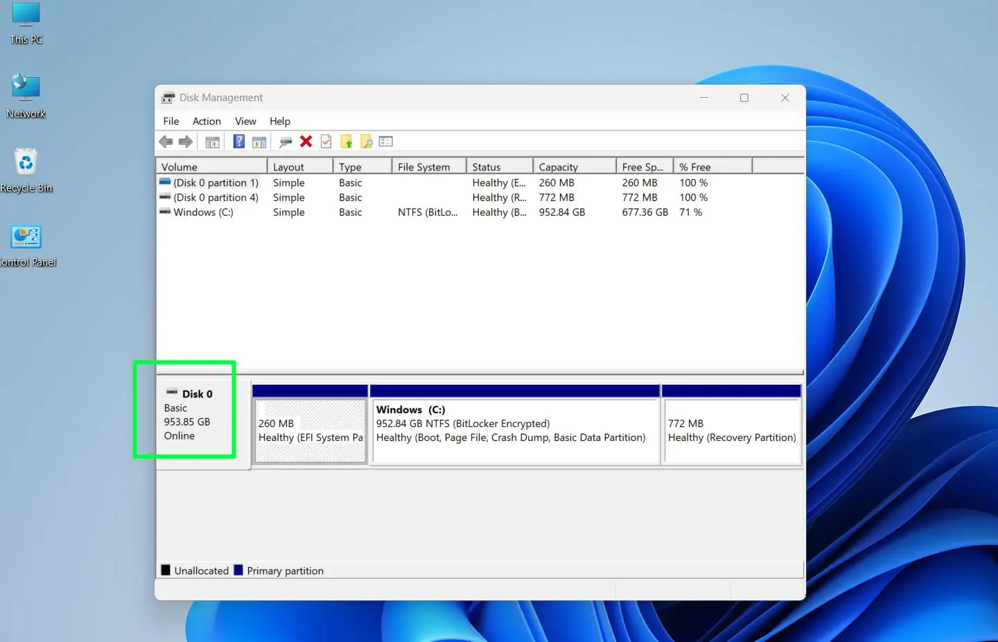 The drives listed at the bottom show the total size of each disk