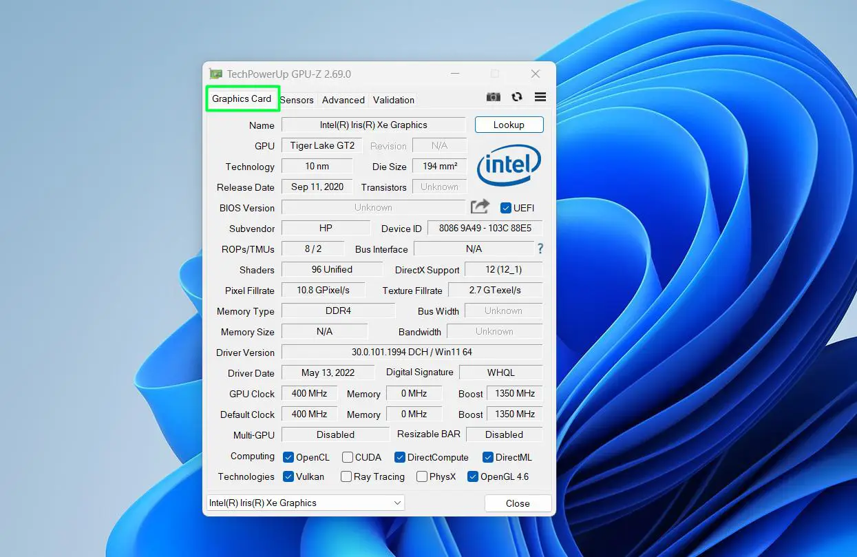 The main ‘Graphics Card’ tab lists full GPU specifications