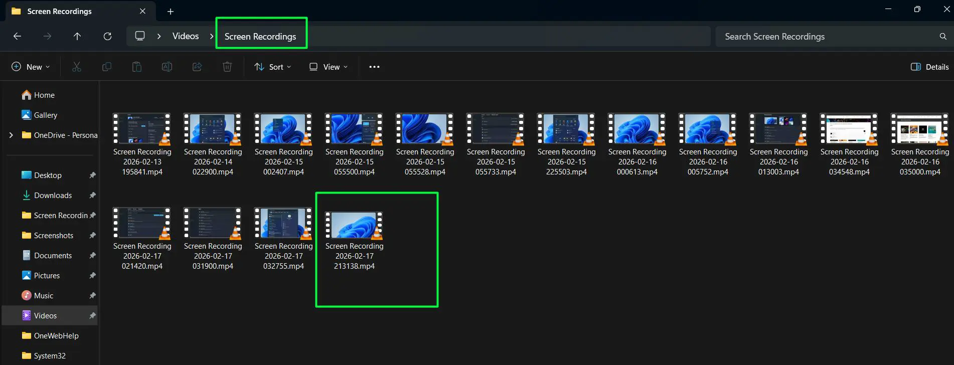 The recording is automatically saved as an MP4 file to the Screen Recordings folder inside the Videos folder