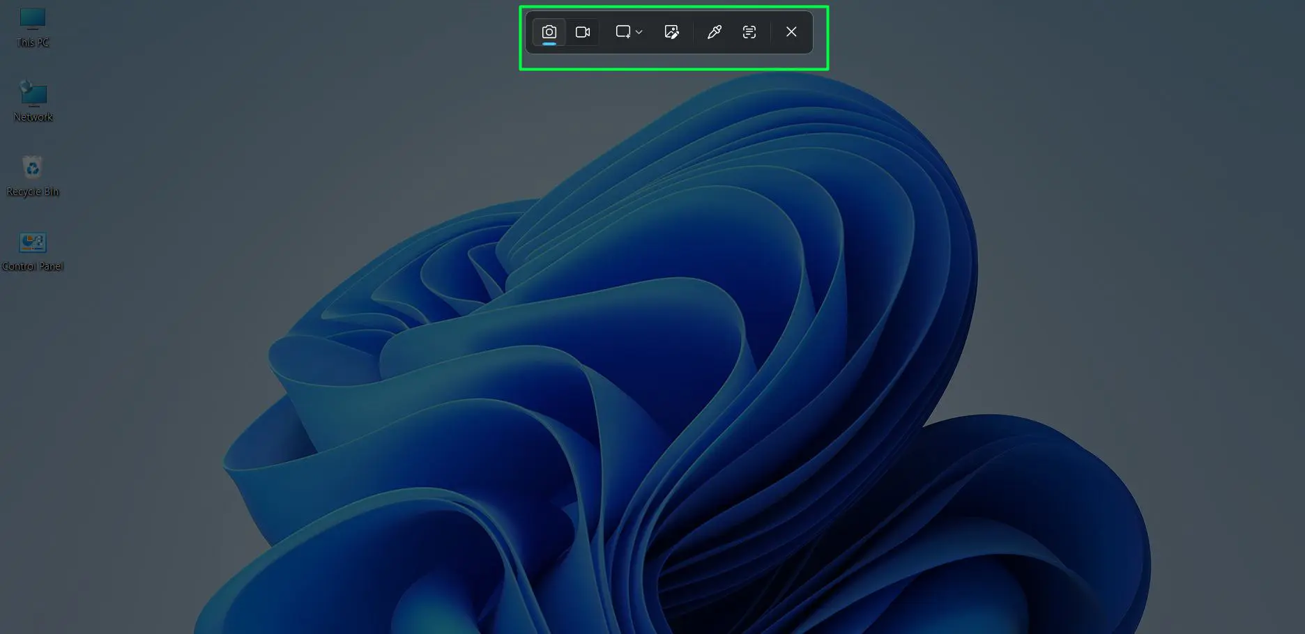 The screen dims and a toolbar appears at the top