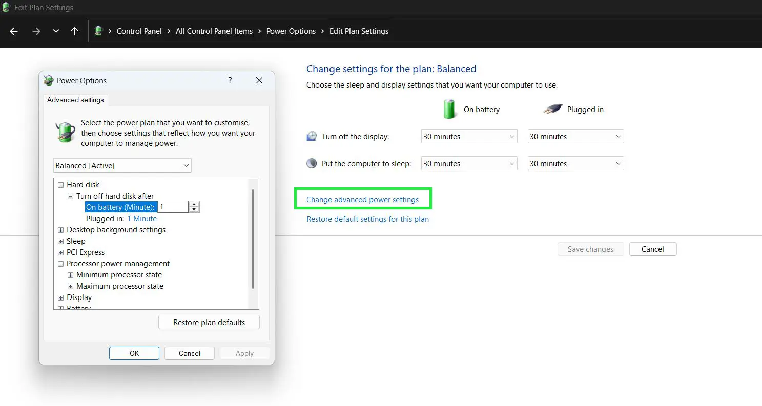 To access deeper GPU-related power options, click ‘Change advanced power settings’.