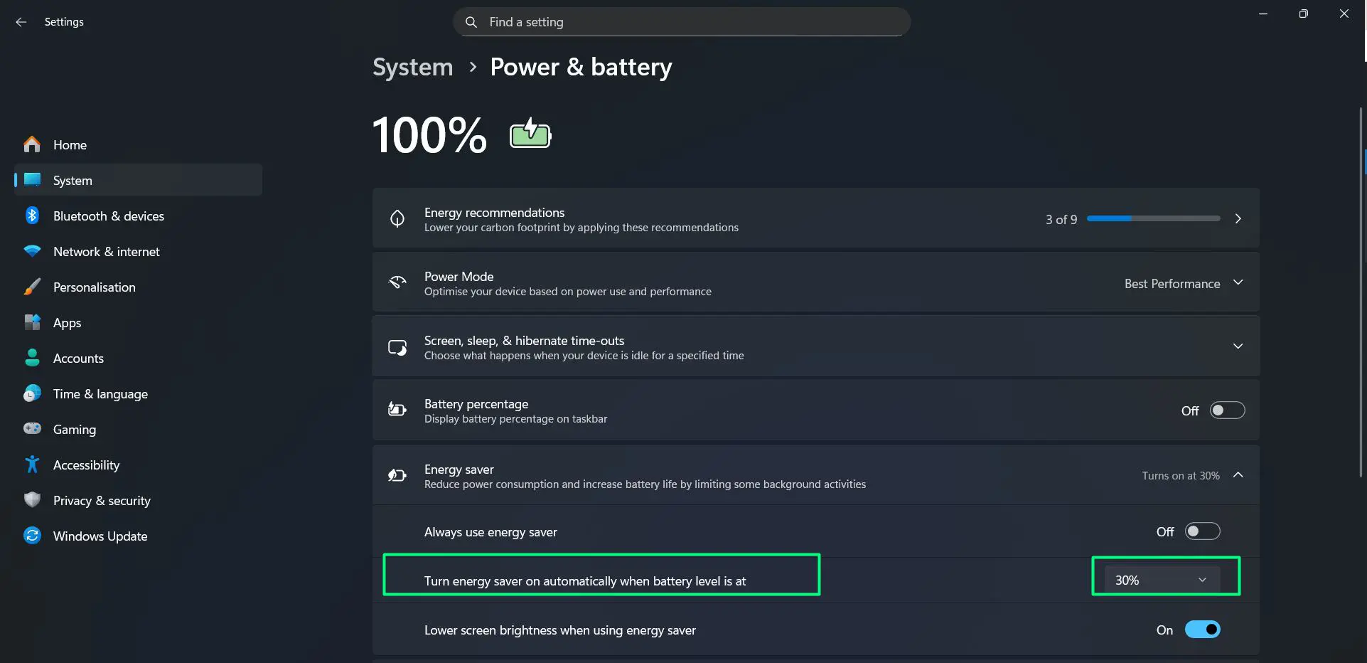 To have it activate automatically, click the dropdown next to ‘Turn energy saver on automatically when battery level is at’ and select the preferred battery percentage