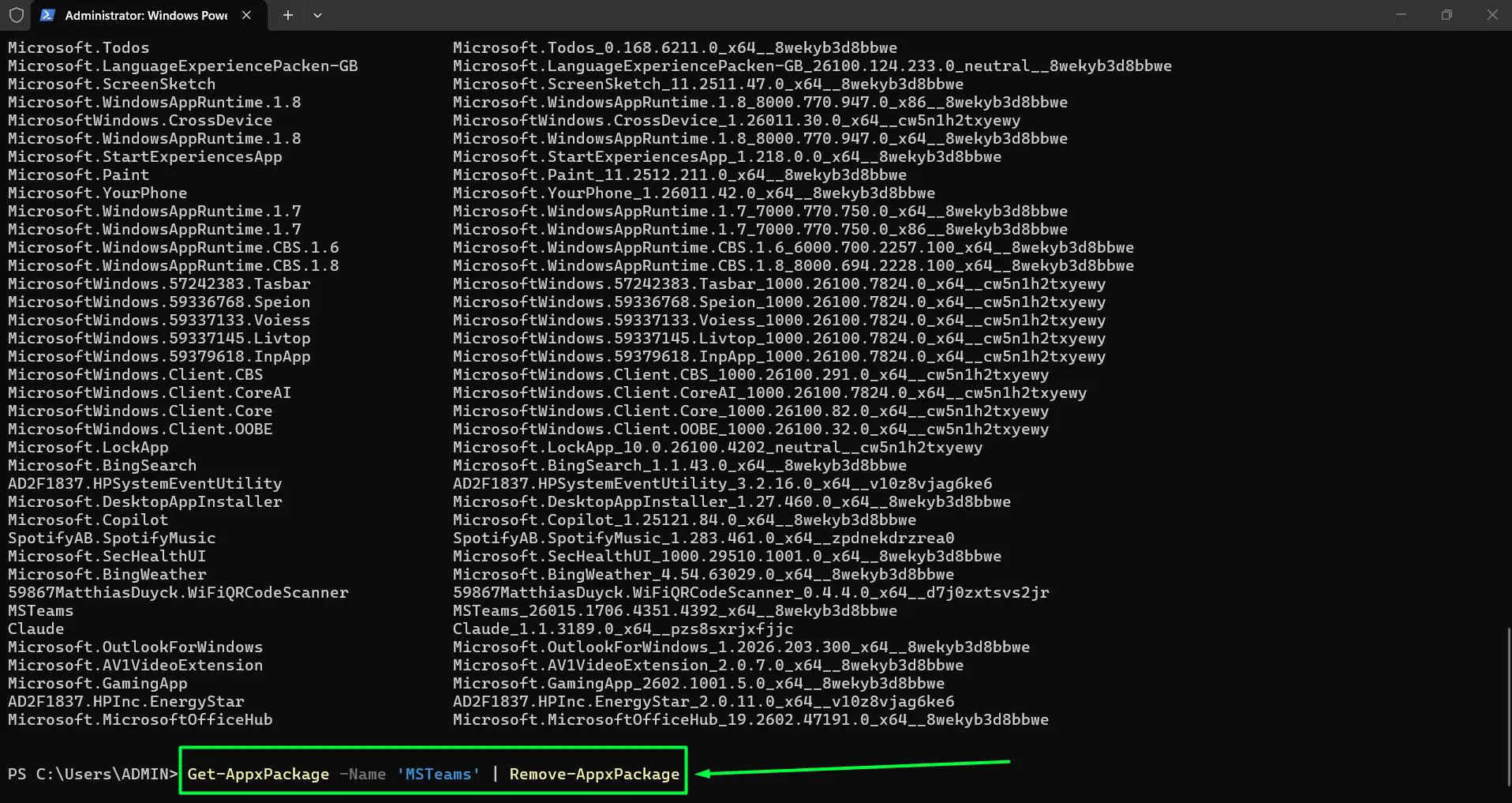To remove a specific app, use – Get-AppxPackage -Name ‘AppNameHere’ Remove-AppxPackage