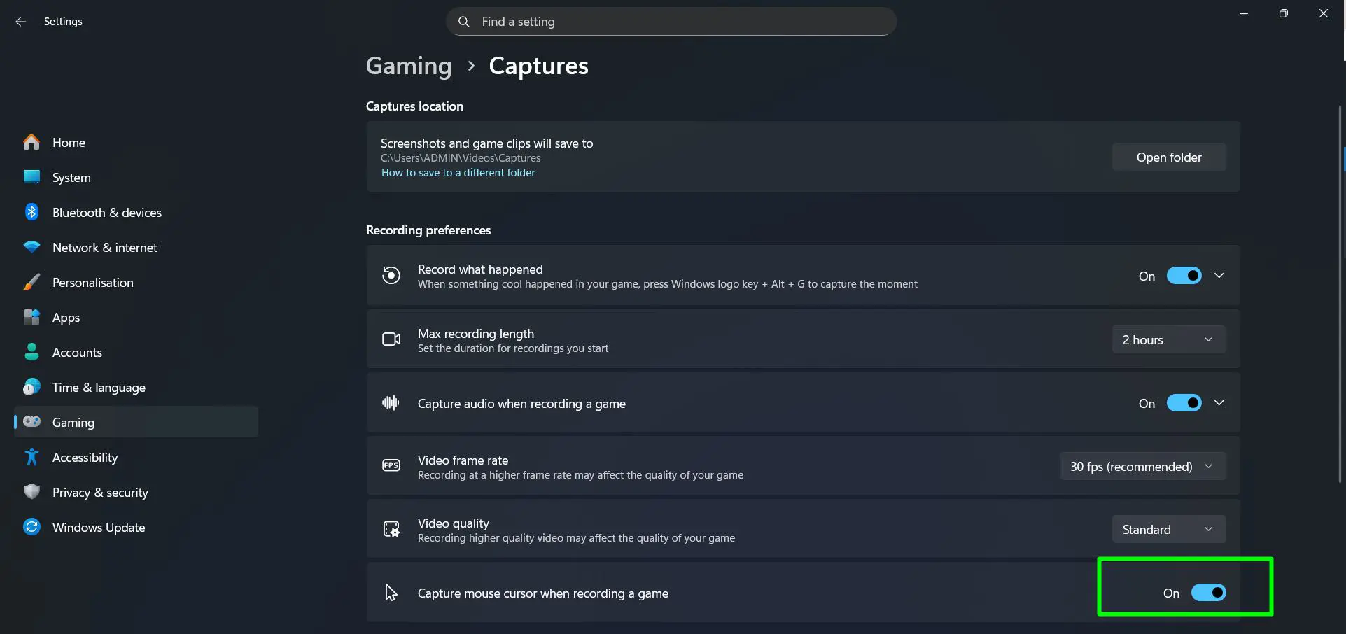 Toggle ‘Capture mouse cursor when recording a game’ on or off depending on whether the cursor should appear in recordings