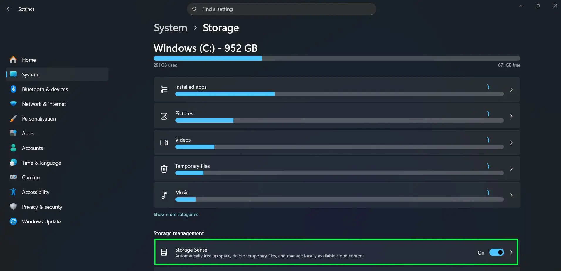Toggle Storage Sense to On