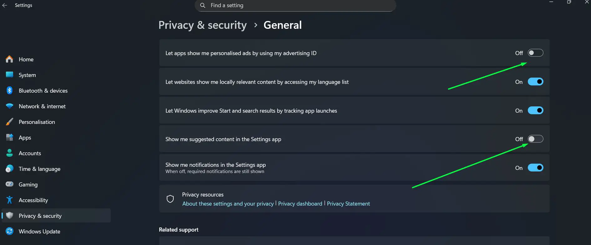 Toggle off all options including ‘Let apps use advertising ID’ and ‘Show me suggested content in the Settings app