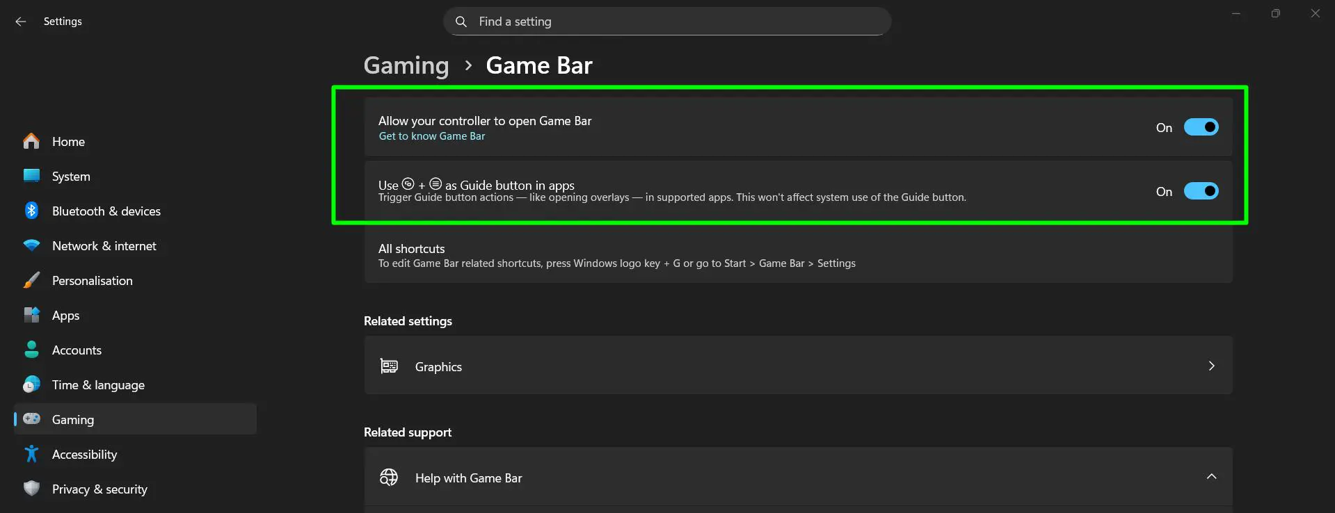Toggle on ‘Allow your controller to open Game Bar’ to enable the overlay and also toggle on ‘Use the Xbox button as Guide button in apps’