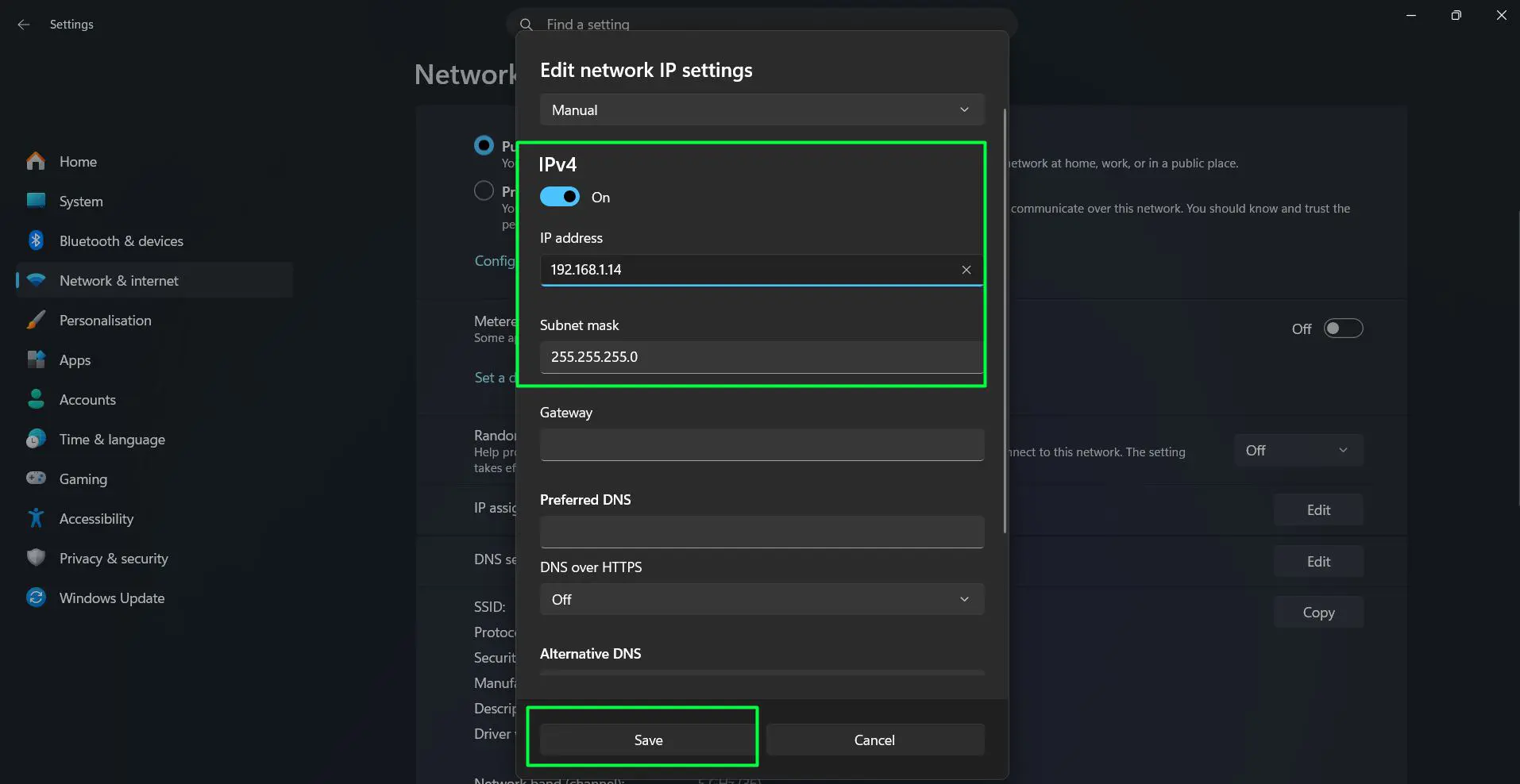 Toggle on the ‘IPv4’ switch and Enter the desired IP address