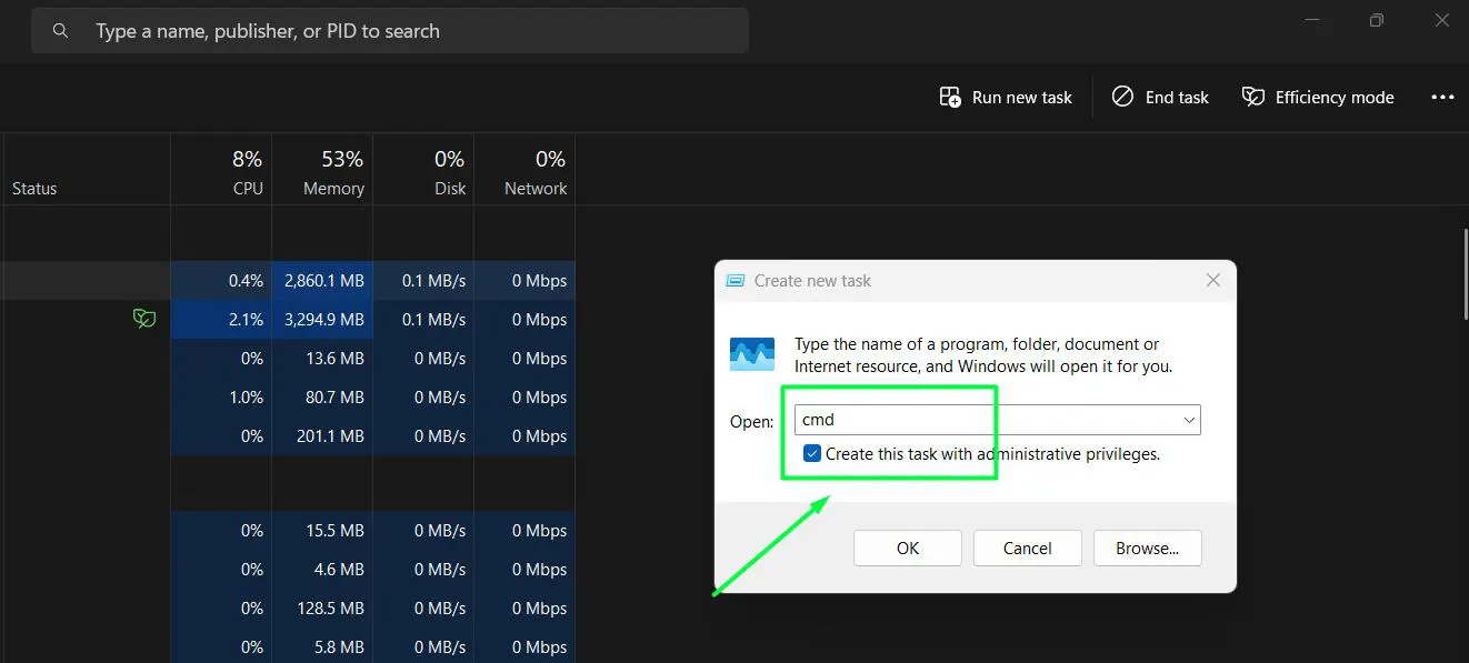 Type ‘cmd’ and Check box that says ‘Create this task with administrative privileges’