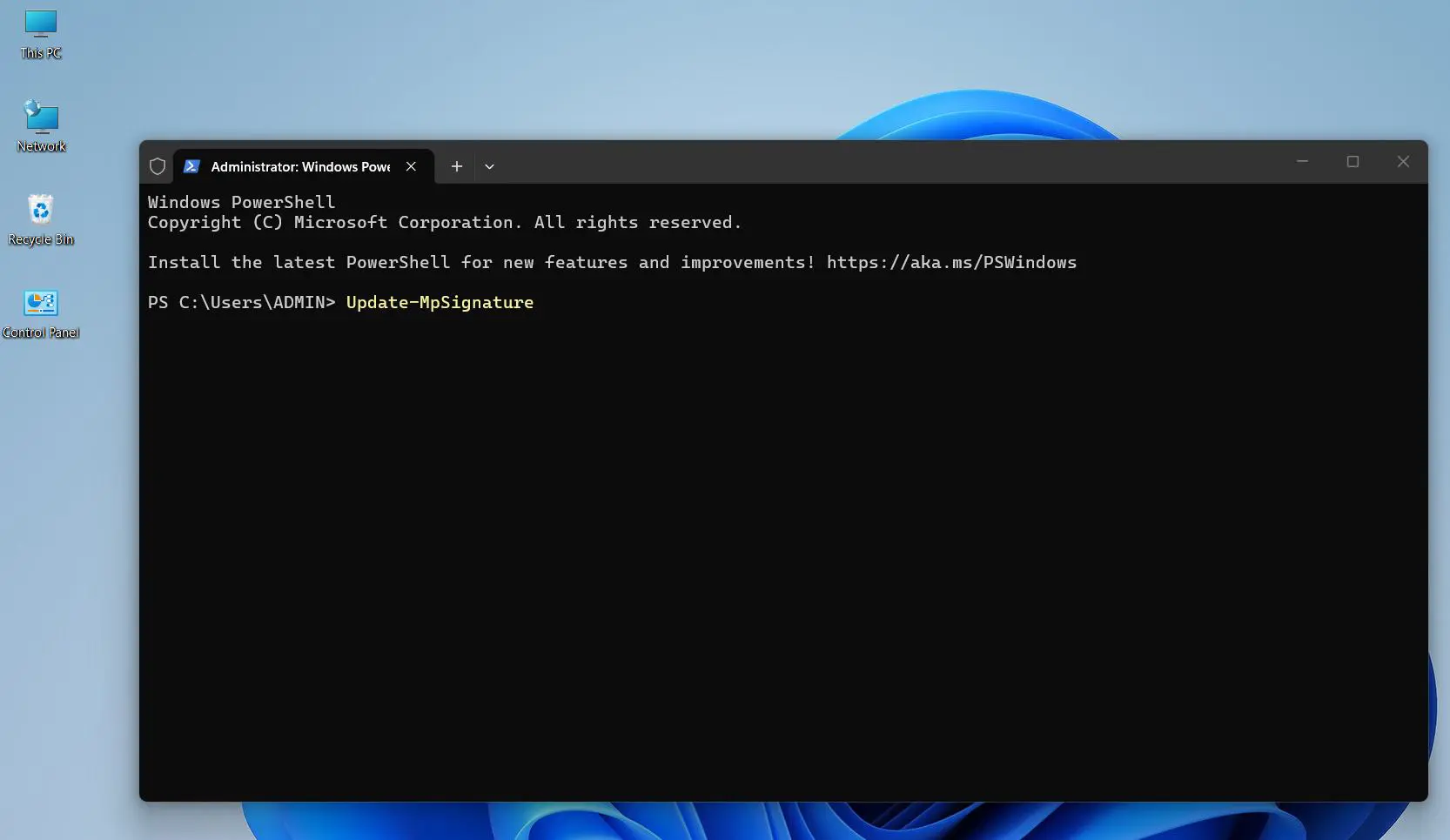 Type or paste the command ‘Update-MpSignature’