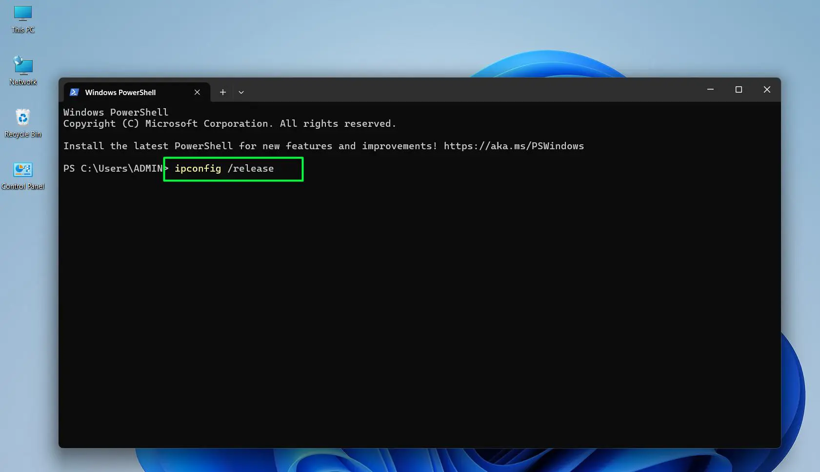 Type the following command and press Enter – ipconfig release 