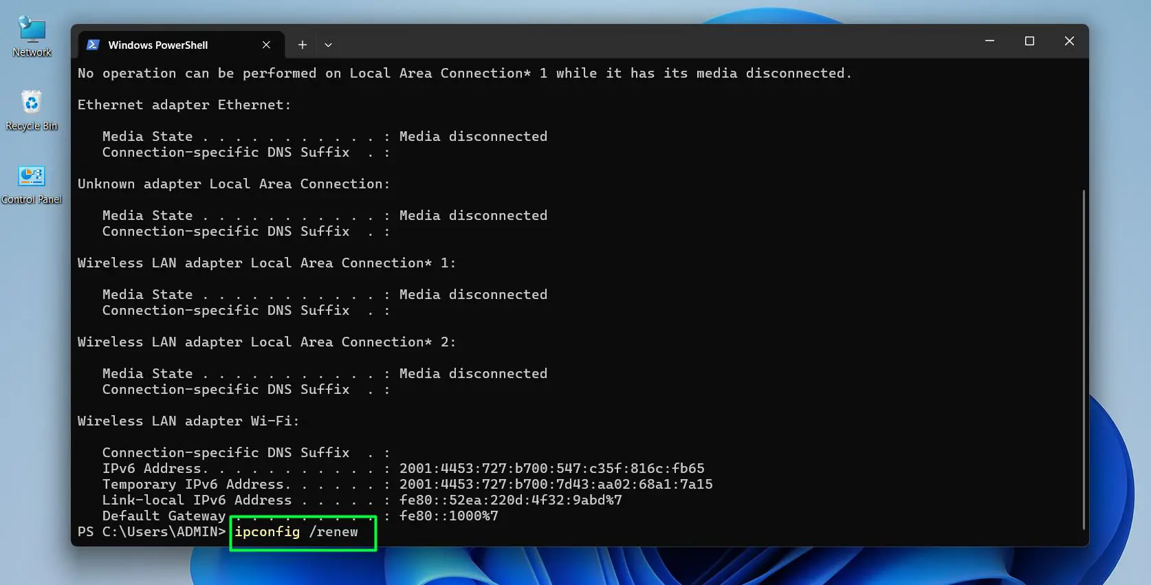 Type the next command and press Enter – ipconfig renew