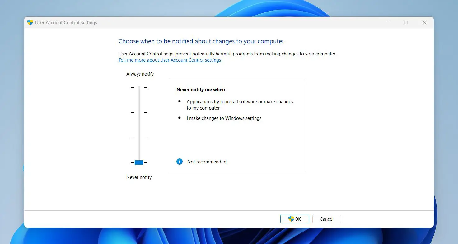 UAC Notification Levels – Never Notify (Lowest Level)