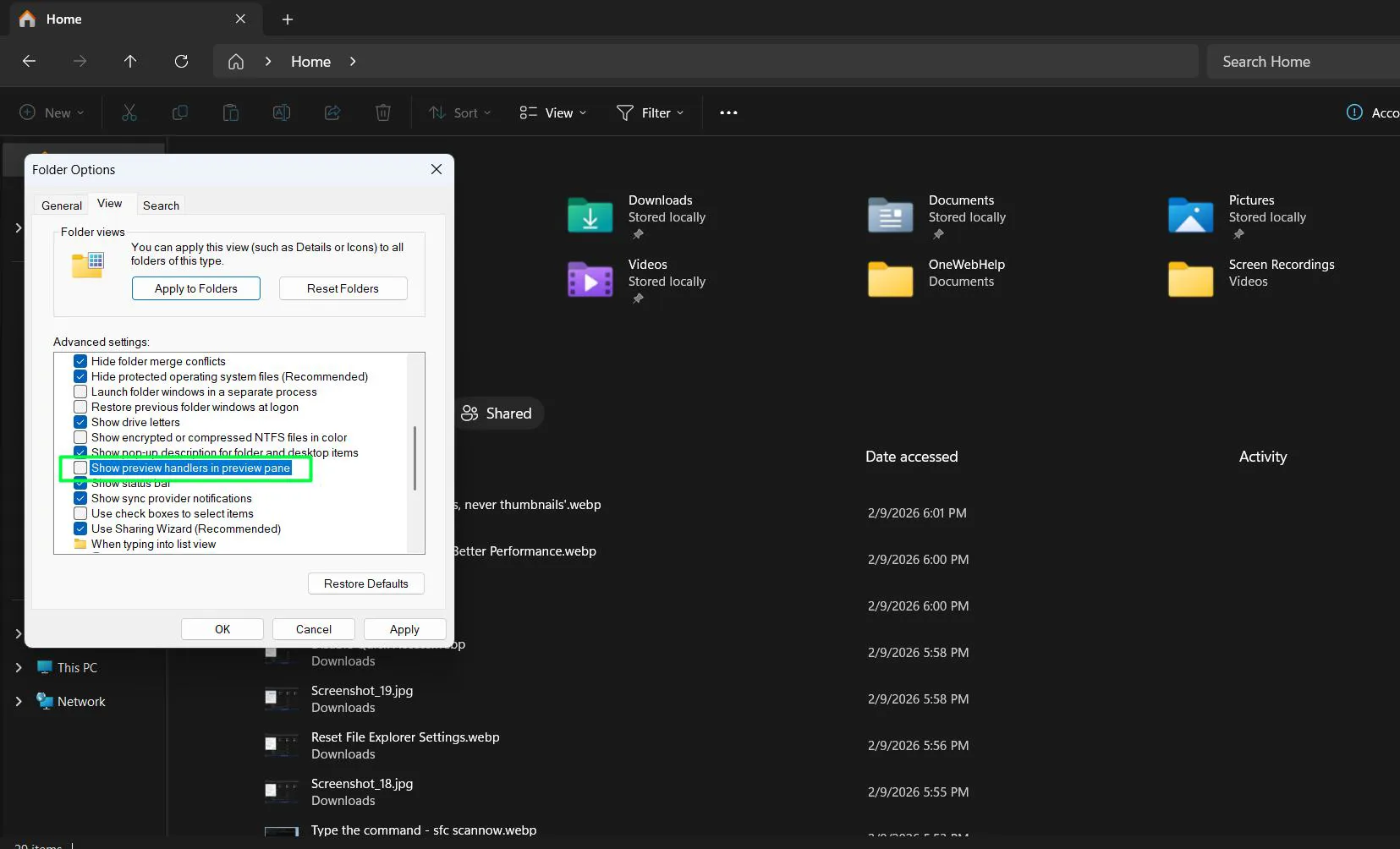 Uncheck 'Show preview handlers in preview pane'