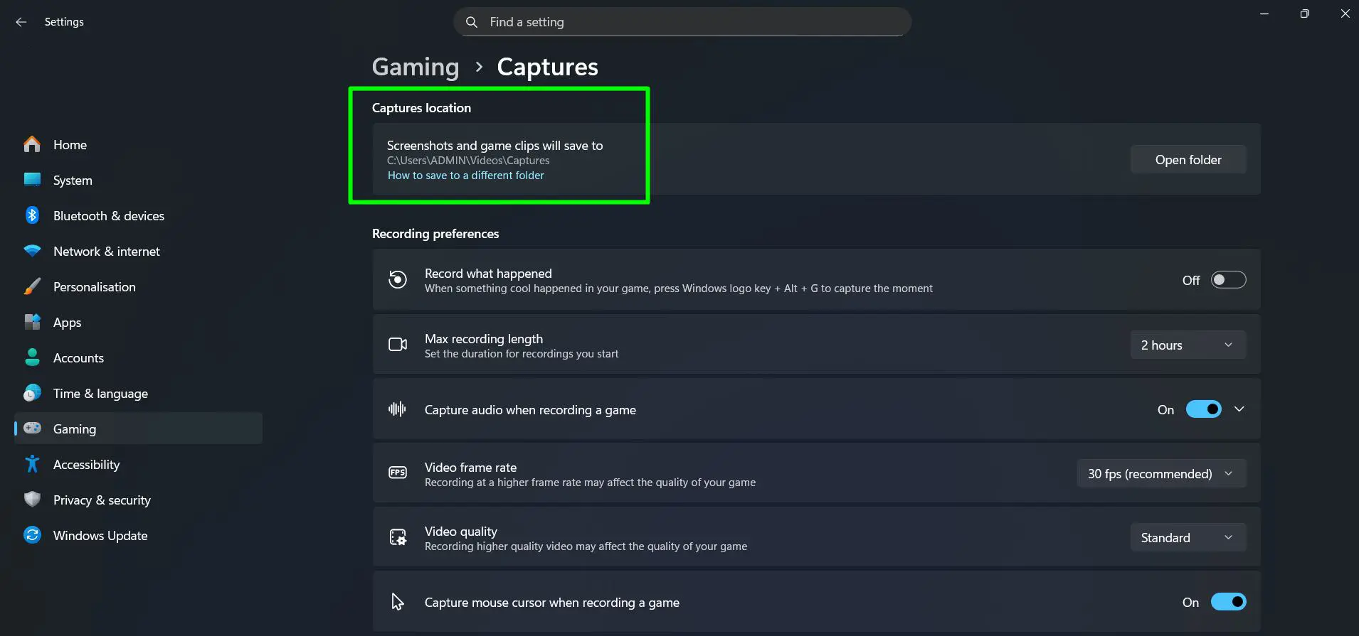 Under ‘Captures location’, you can see the default save path – click ‘Open folder’ to access saved clips directly