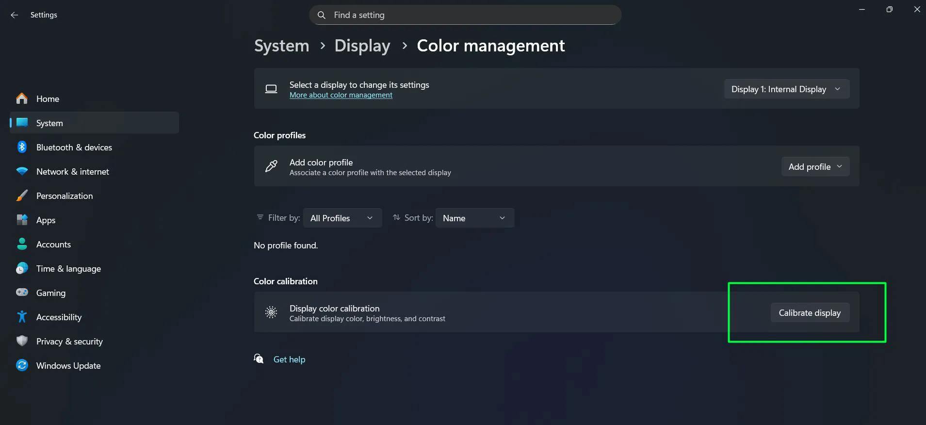 Under 'Color calibration', click 'Calibrate display'