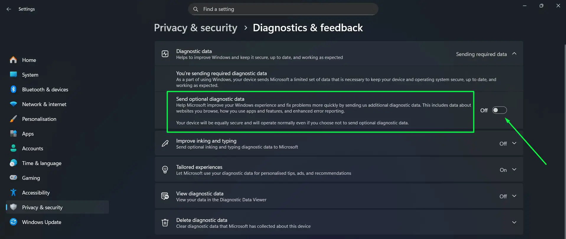 Under ‘Diagnostic data’, toggle off ‘Send optional diagnostic data’
