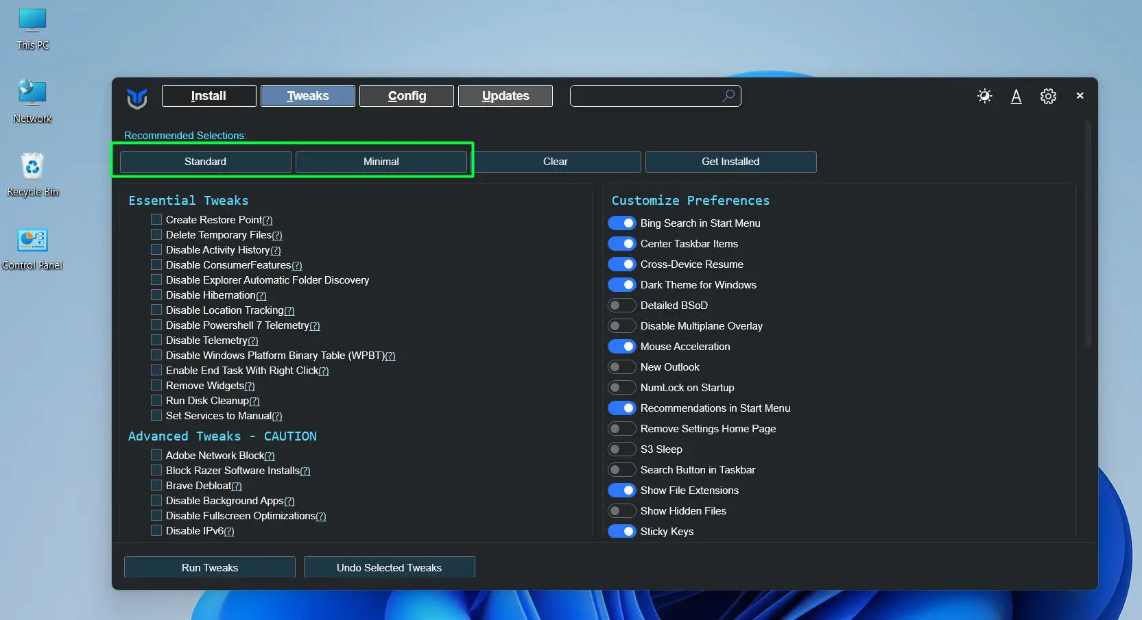 Under ‘Recommended Selections’, choose a preset – ‘Standard’ for most users or ‘Minimal’ for a lighter cleanup