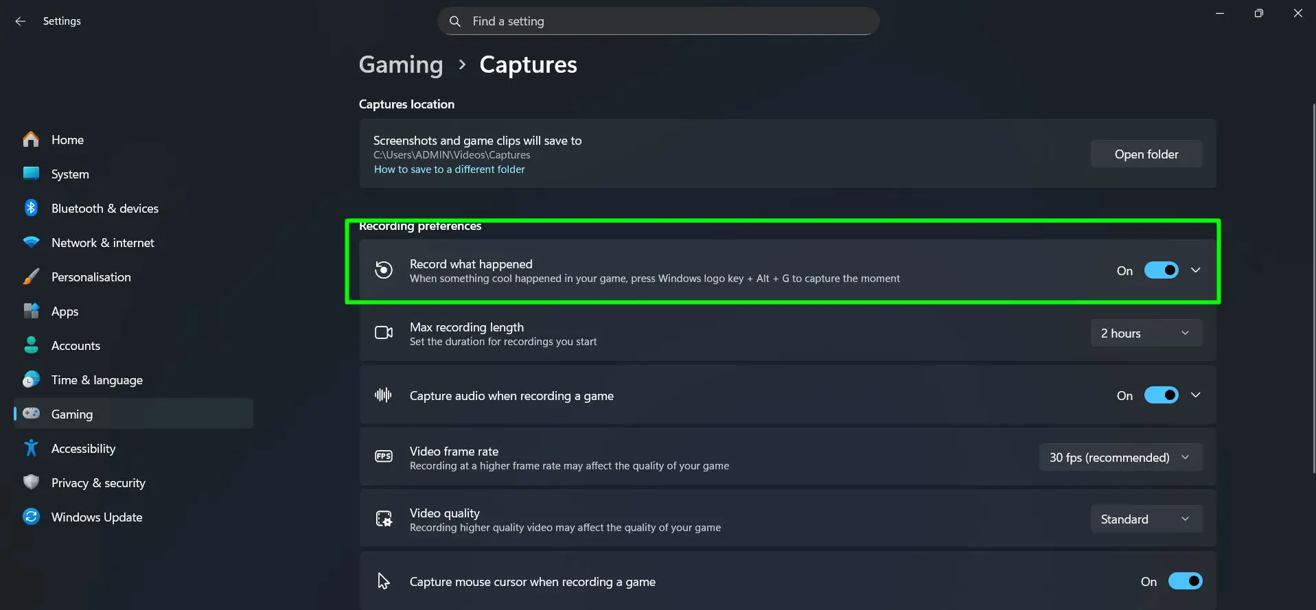 Under ‘Recording preferences’, toggle on ‘Record what happened’ to enable background recording