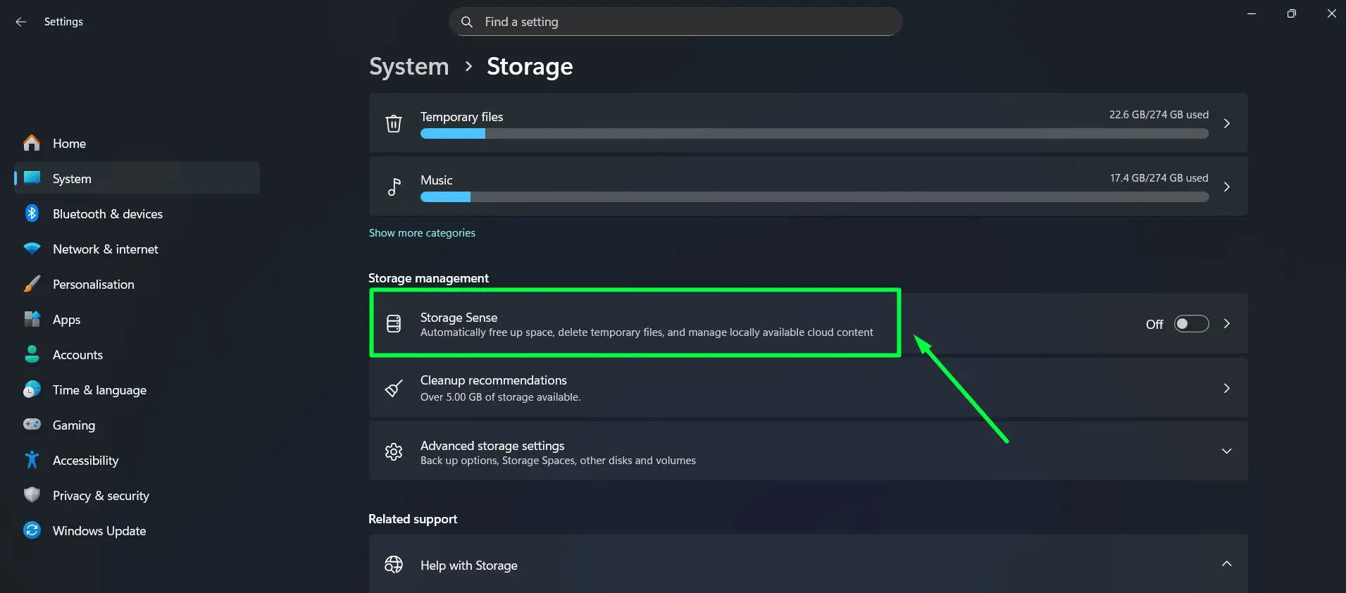 Under ‘Storage management’, click ‘Storage Sense’ to open its settings