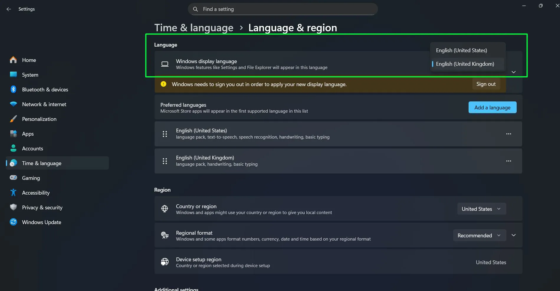 Under 'Windows display language', select the newly installed language from the dropdown menu