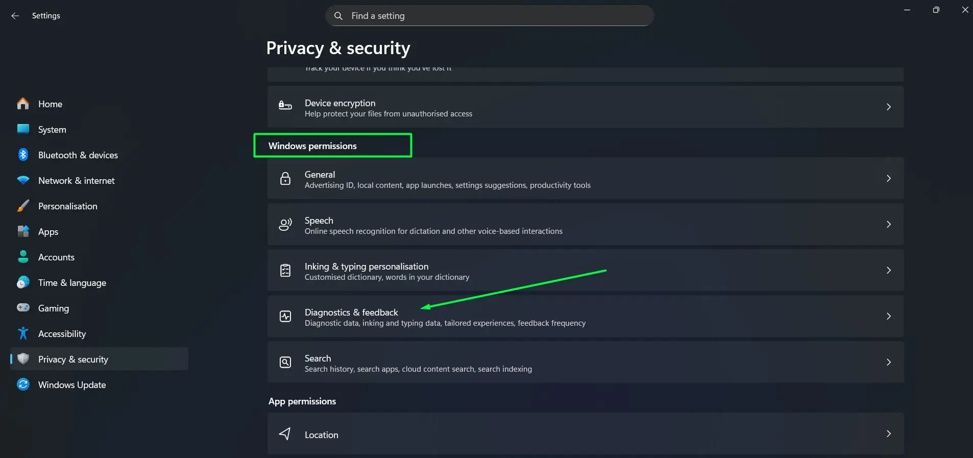 Under Windows permissions, Click ‘Diagnostics and feedback’