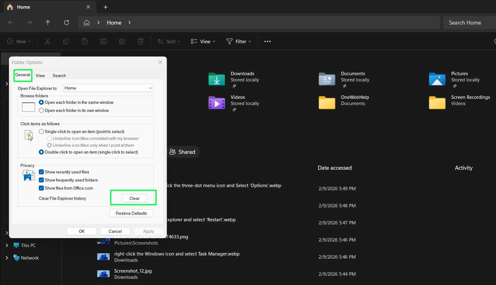 Under the General tab, find the Privacy section then Click ‘Clear’ next to ‘Clear File Explorer history’