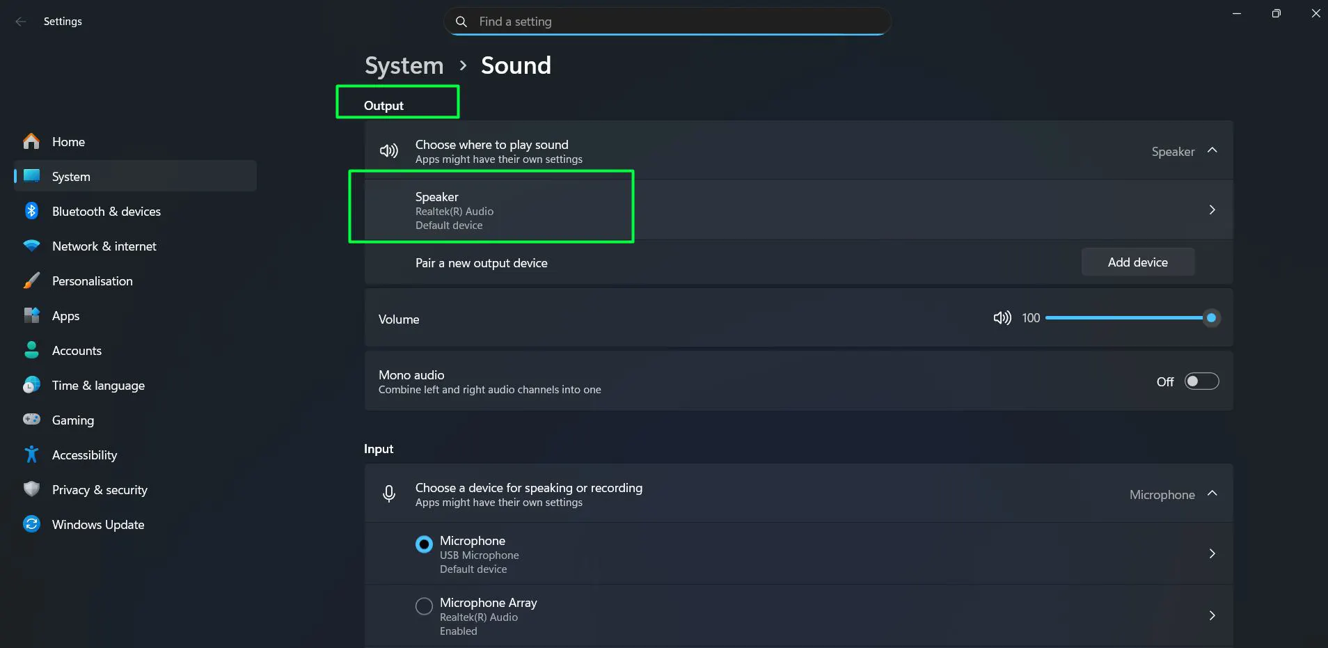 Under the ‘Output’ section, click on the active audio device