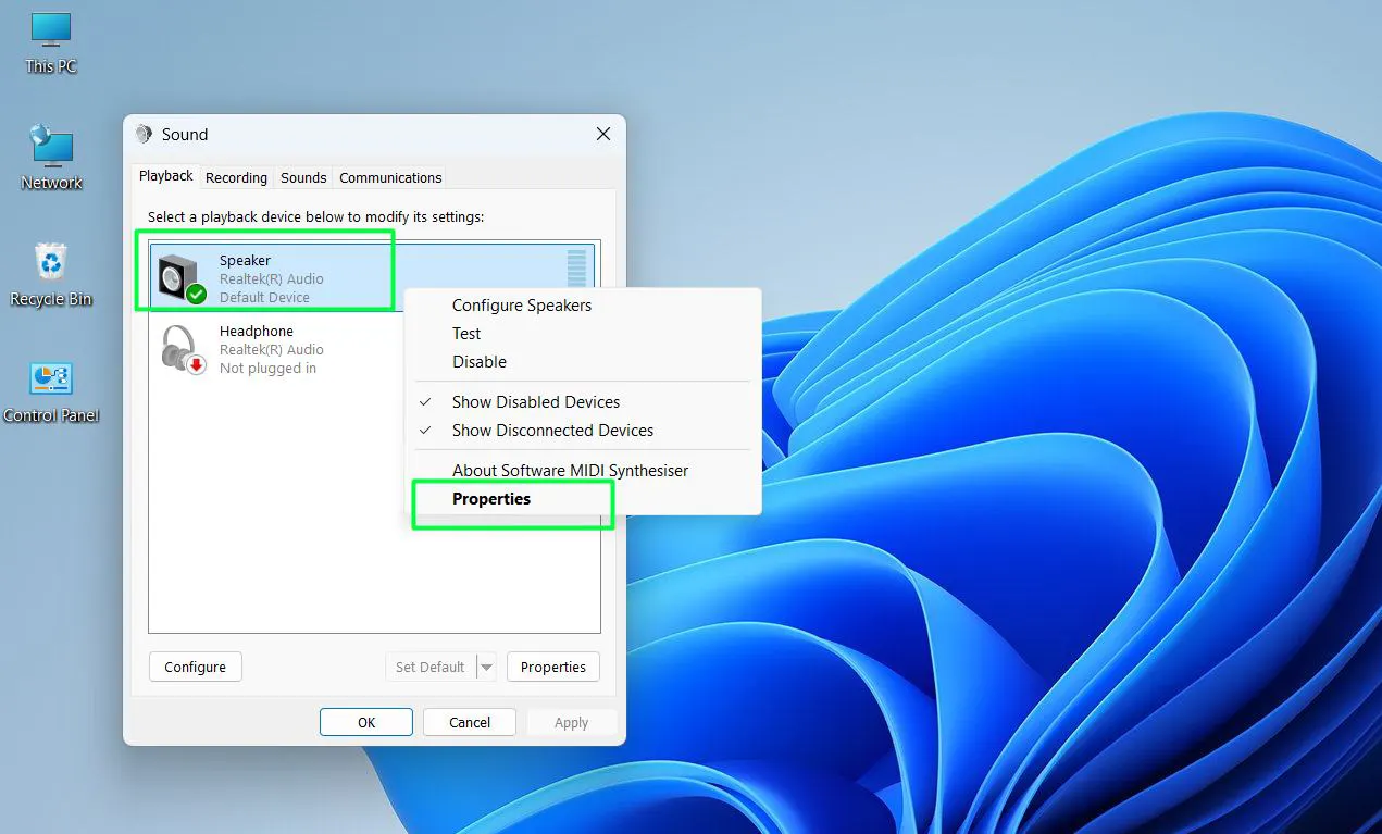 Under the ‘Playback’ tab, right-click the active audio device and Select ‘Properties’