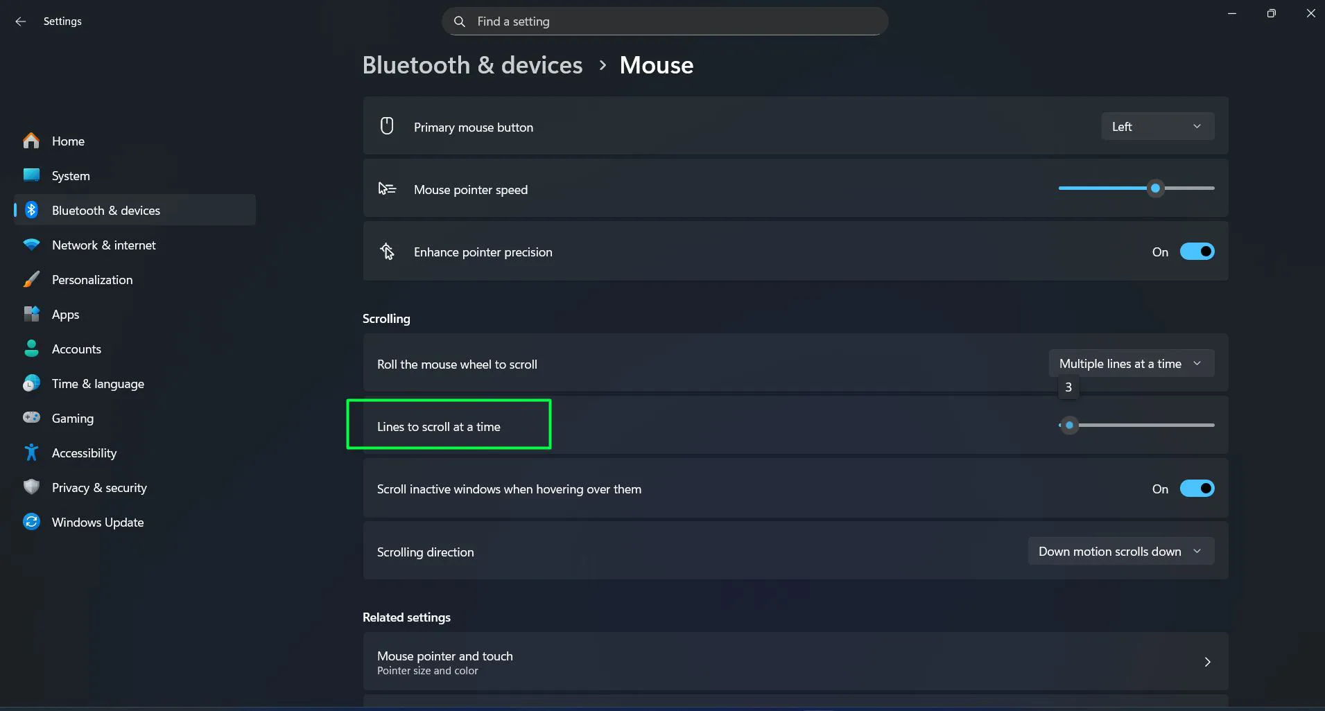 Under the 'Scrolling' section, locate 'Lines to scroll at a time'