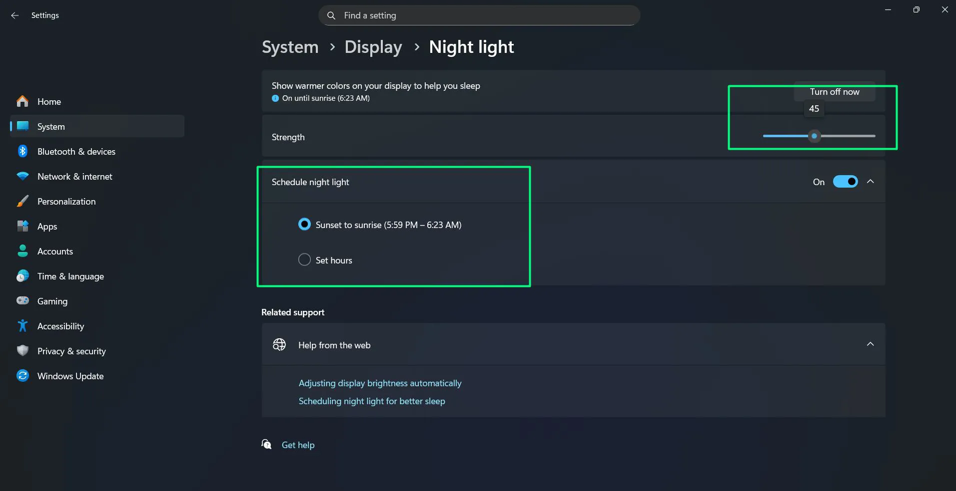 Use the strength slider to control how much blue light gets filtered – Click Schedule night light to set automatic activation times