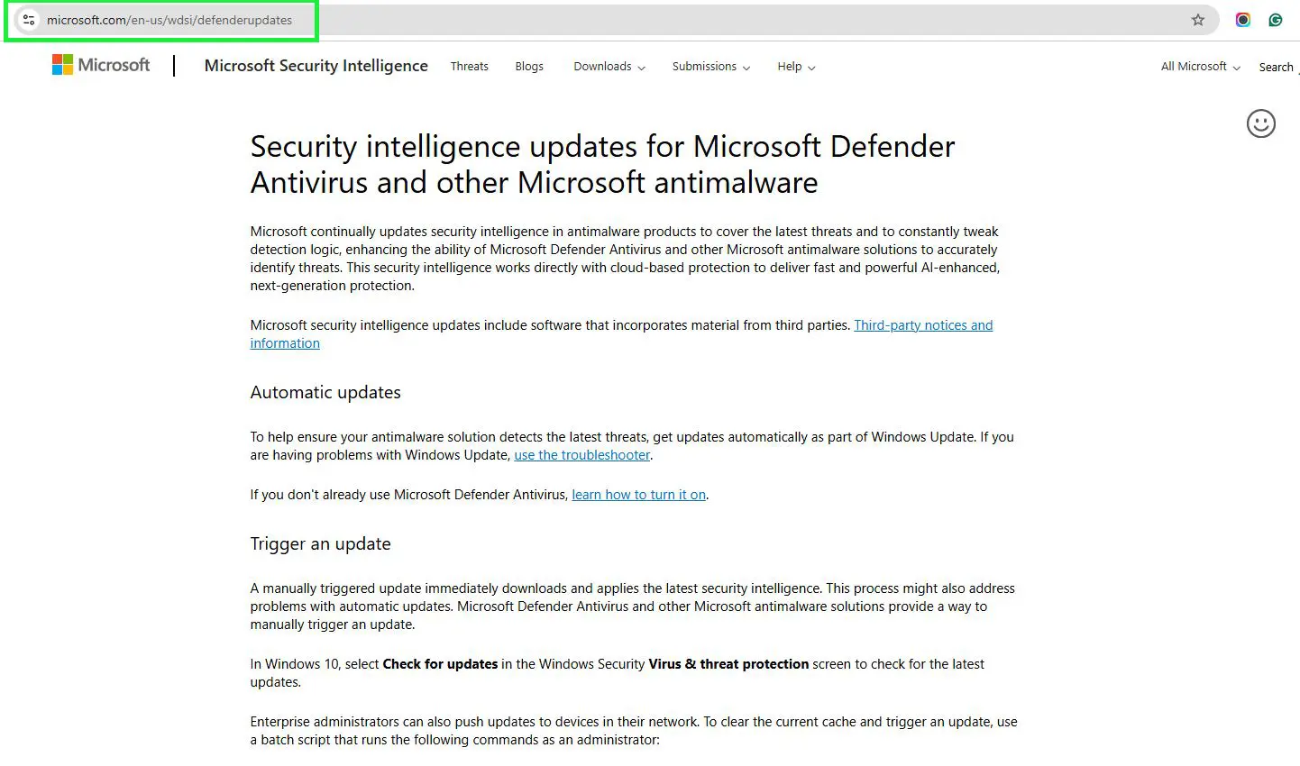 Visit microsoft defenderupdates