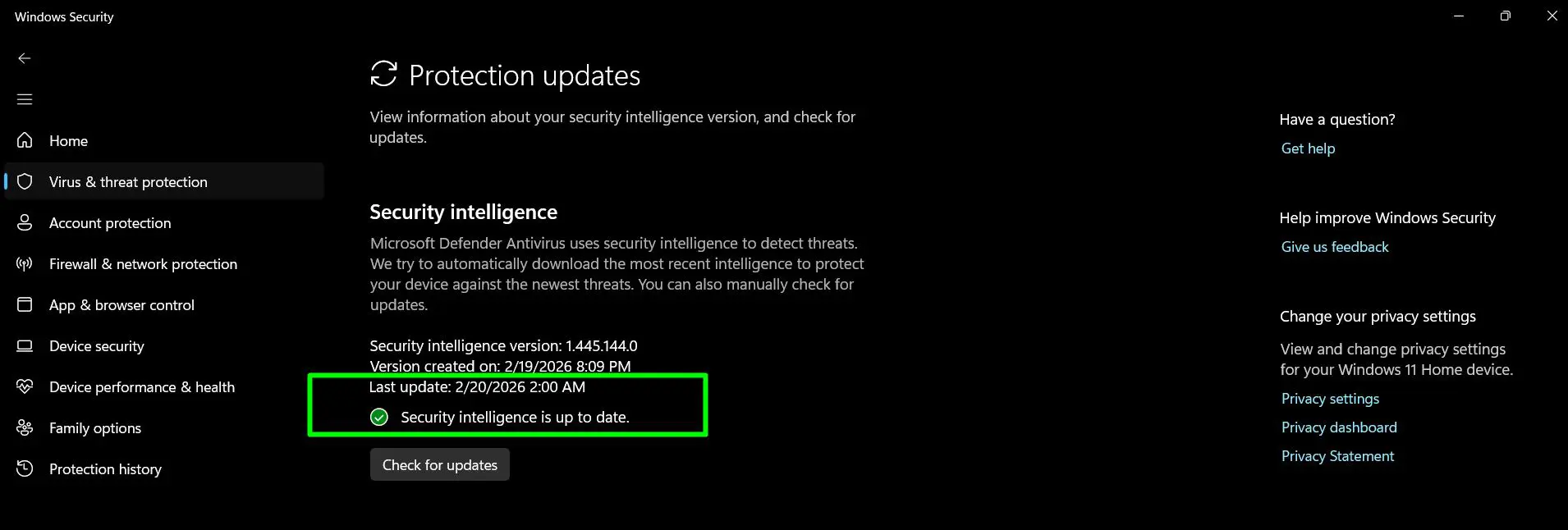 When complete, you will see a green checkmark confirming ‘Security intelligence is up to date.’