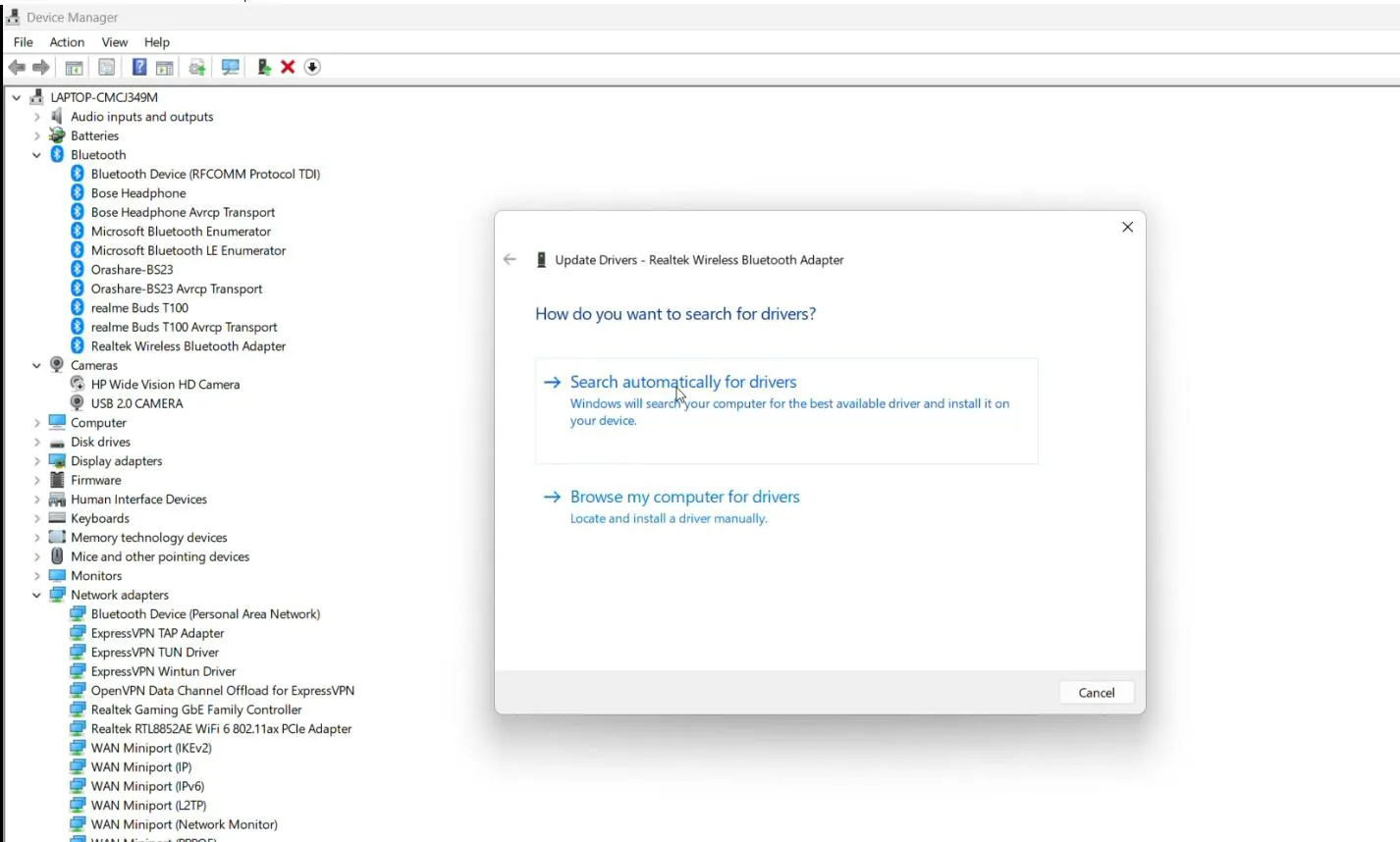 choose 'Update driver' and Select 'Search automatically for drivers'