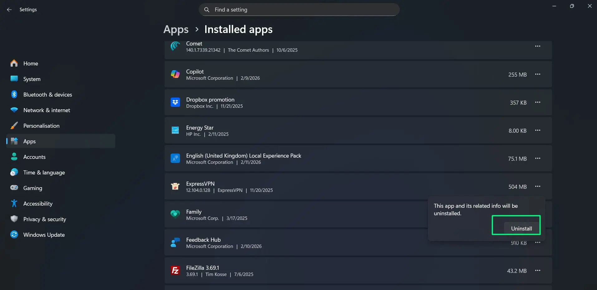 confirm Uninstall when prompted