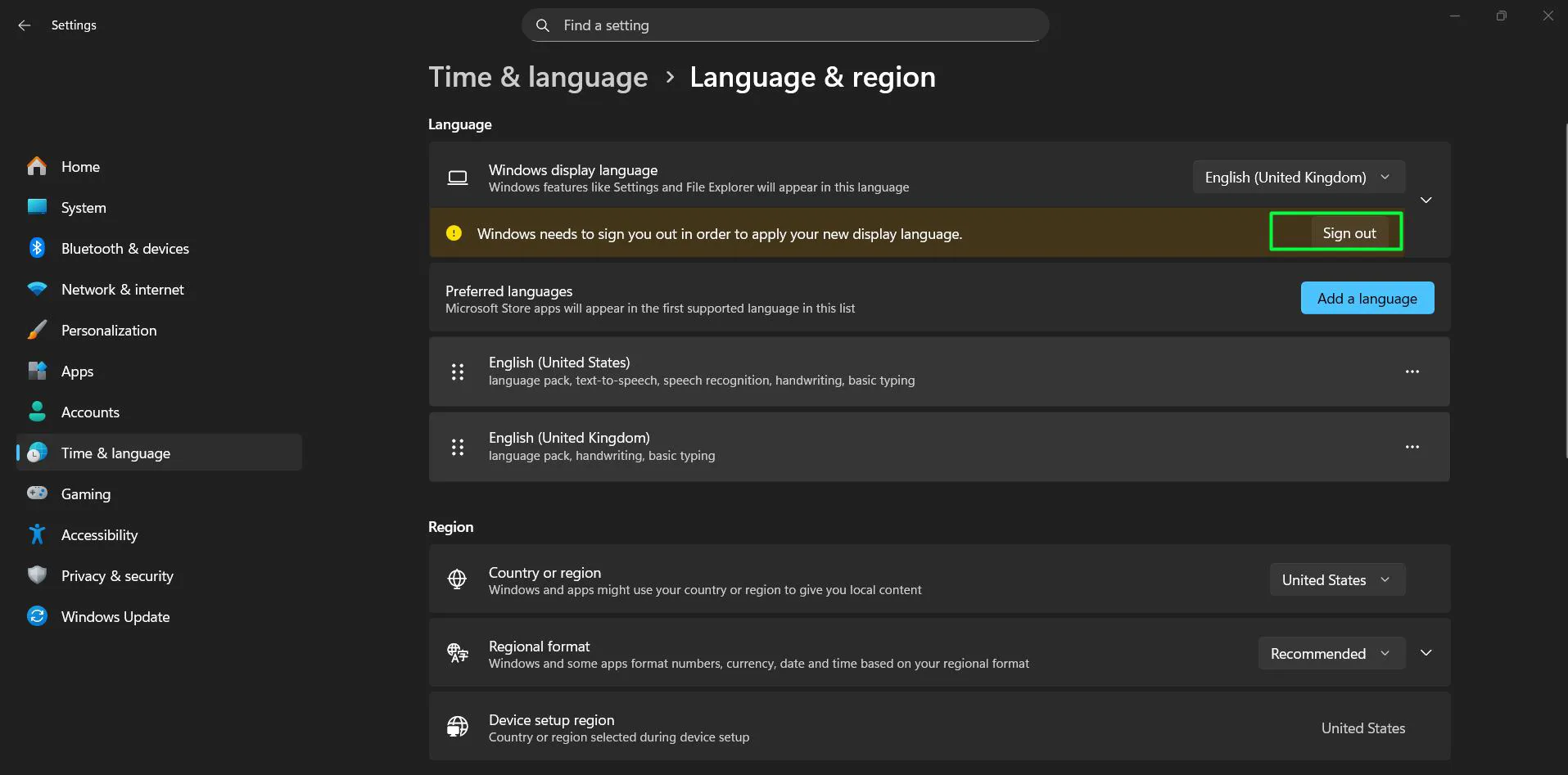 language change requires a sign-out or restart to take full effect