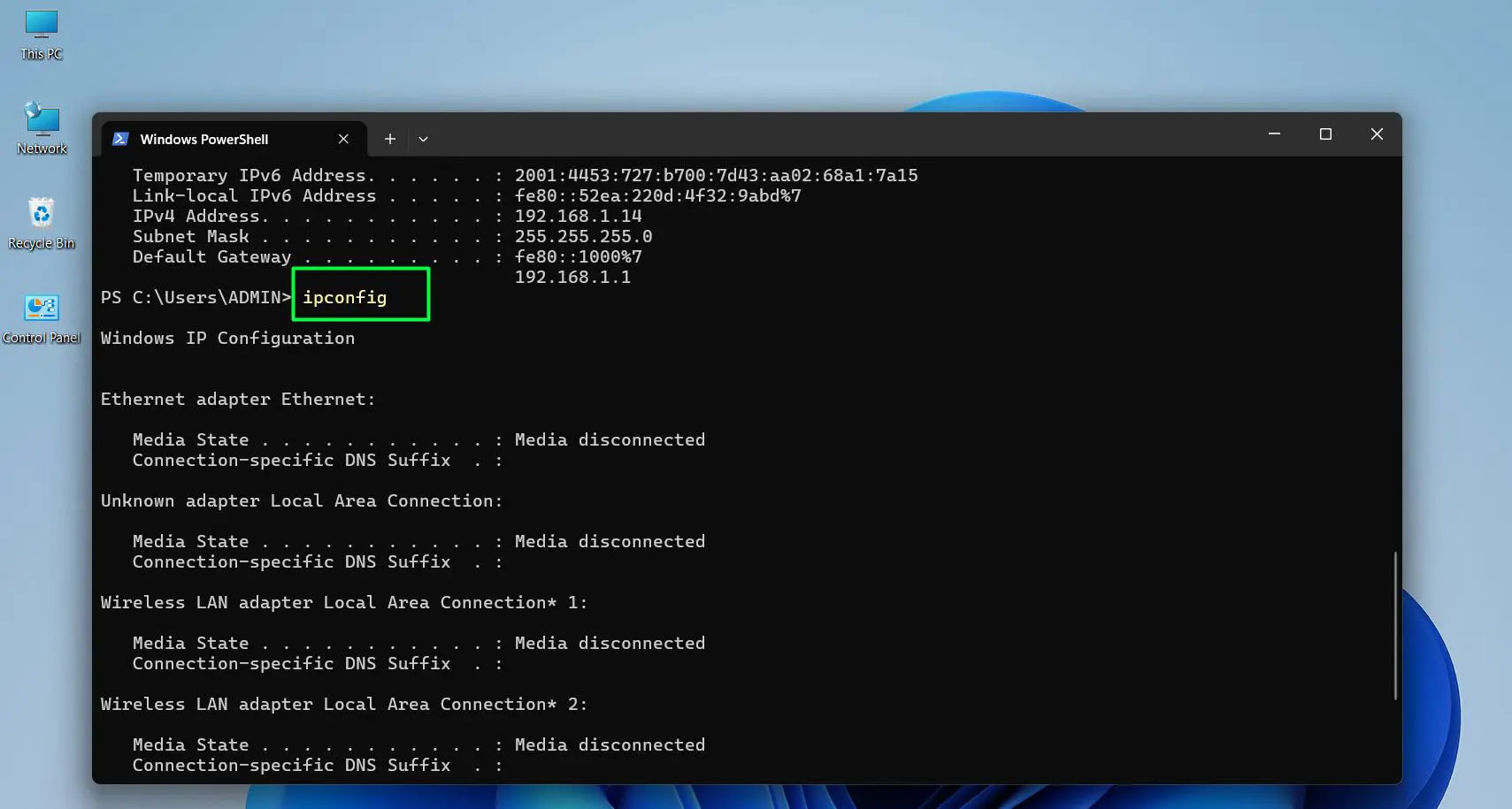 type ipconfig and press Enter to confirm the new IP address has been assigned