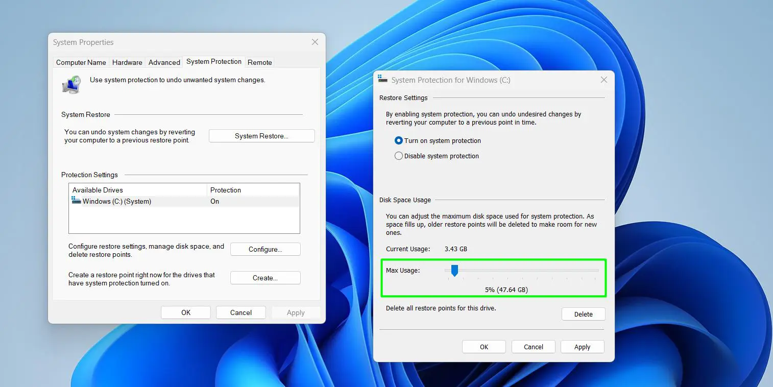 Adjust the disk space usage slider – around 5-10% of the drive is usually enough
