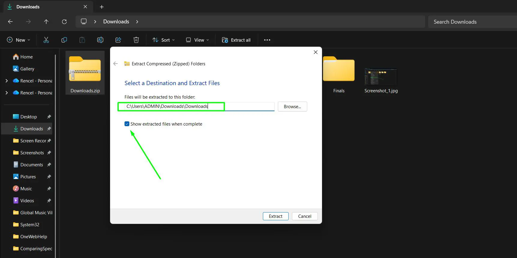 Choose the destination folder where files should be extracted and Check the ‘Show extracted files when complete’ box