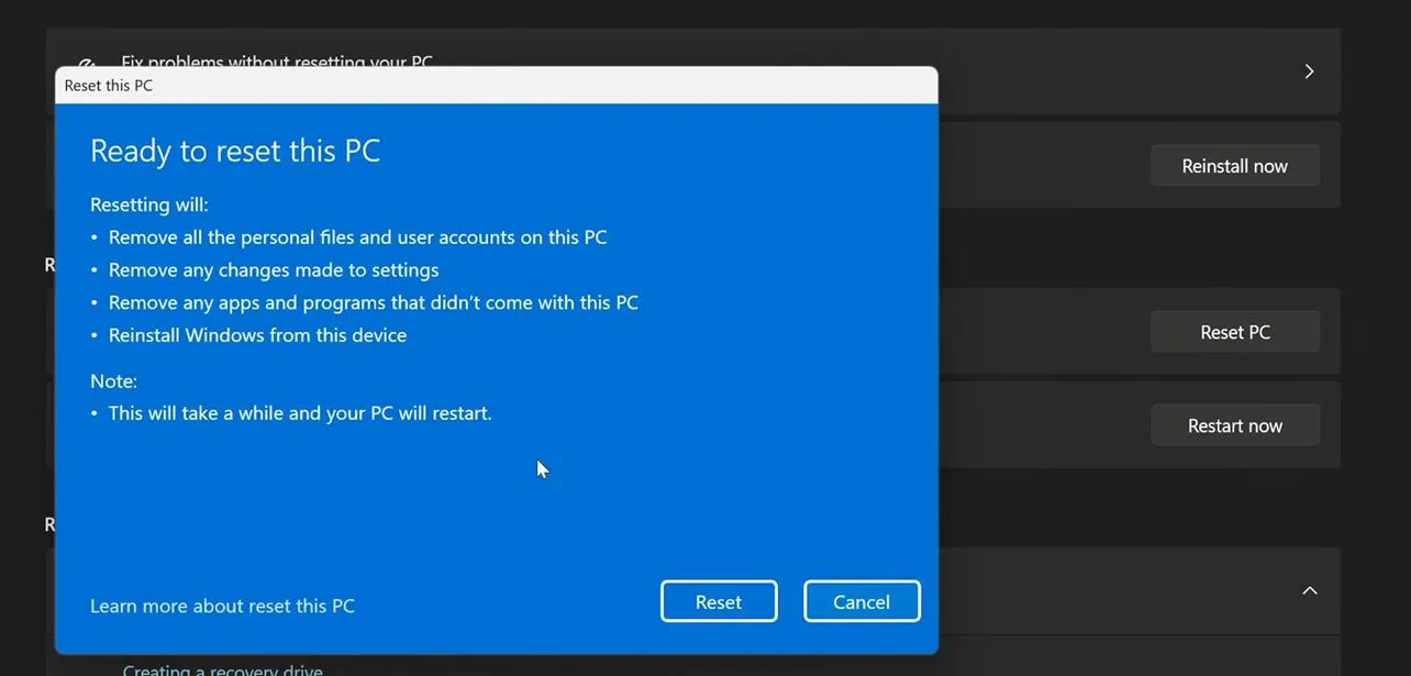 Click Next, then click Reset to begin