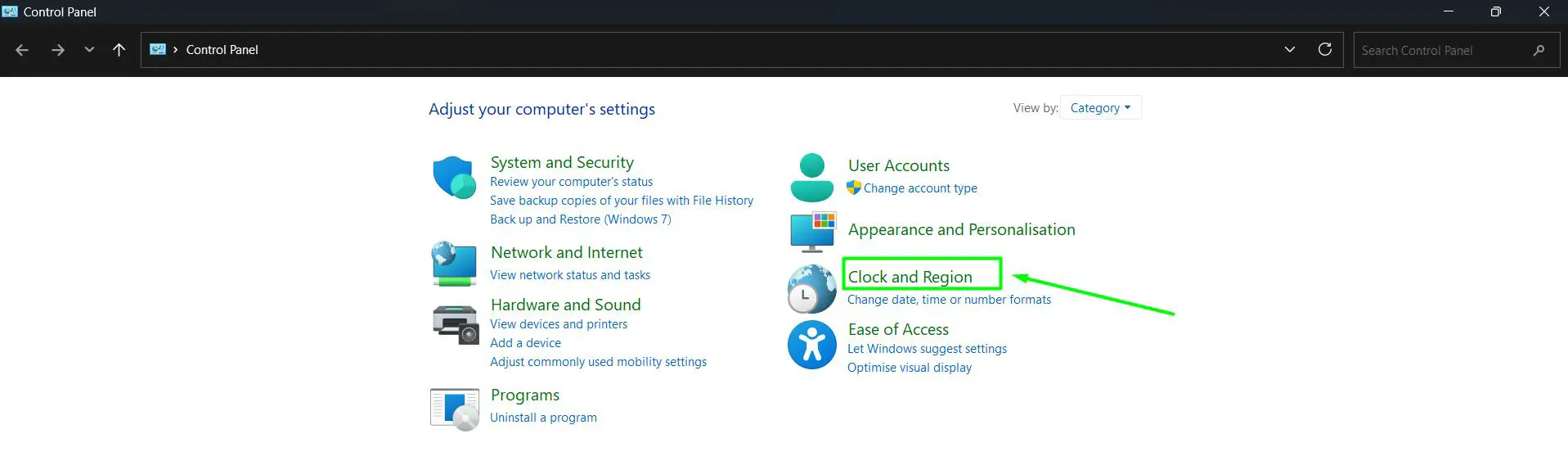 Click on Clock and Region