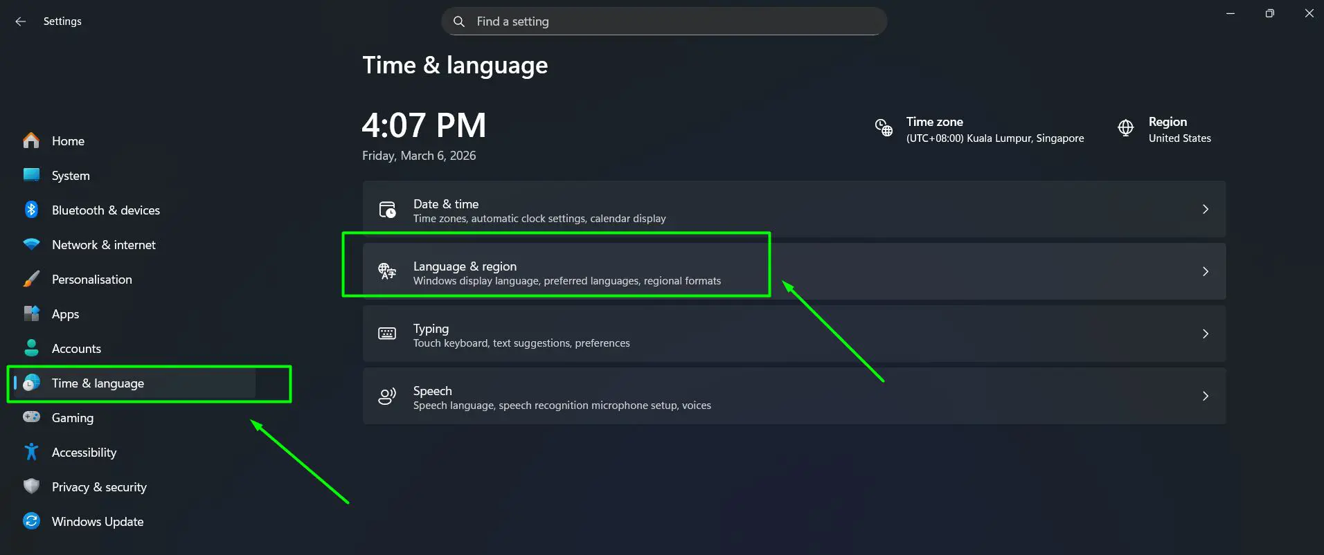 Click on Time & language from the left sidebar and Select Language & region