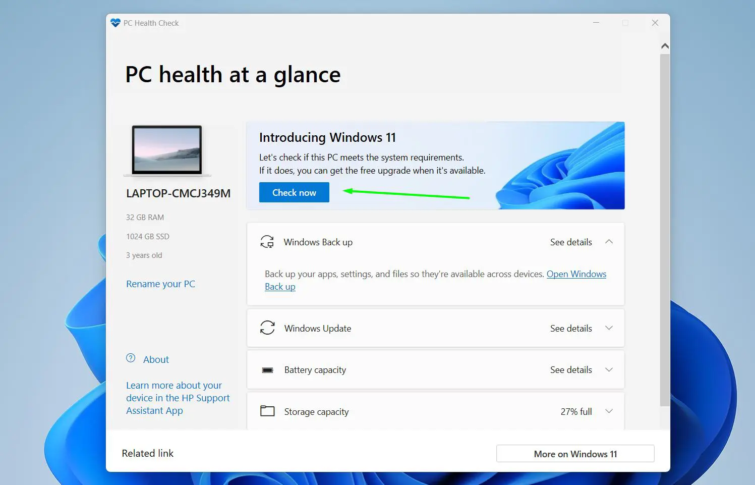Click the Check now button to run a compatibility scan on the device