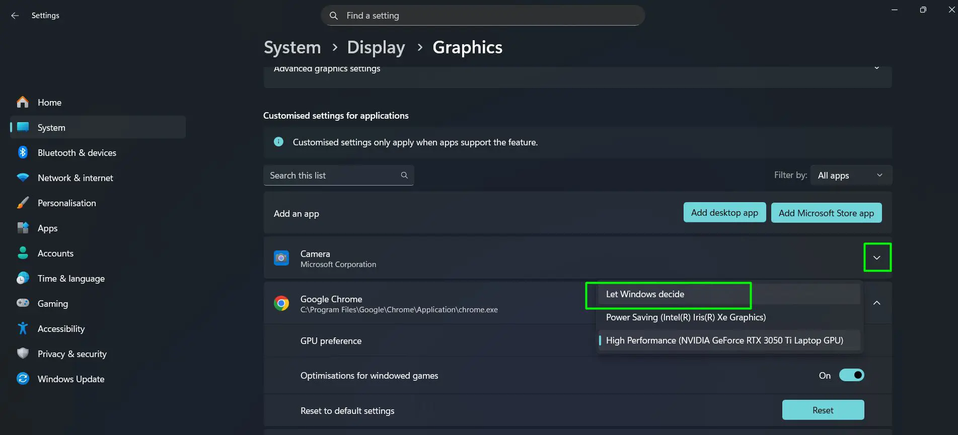 Click the GPU preference dropdown and Set everyday apps like browsers and media players to Power Saving or Let Windows decide (Power saving)
