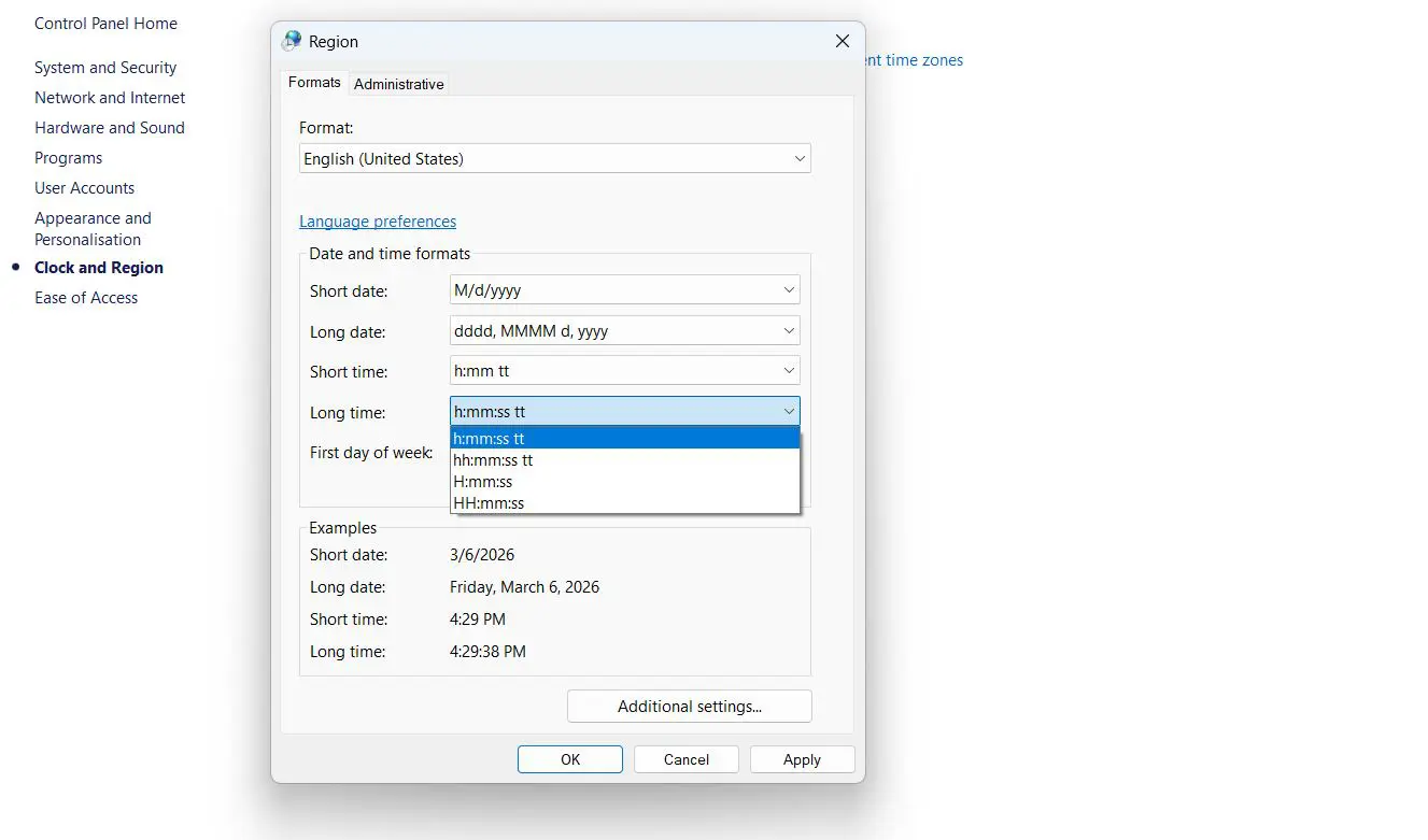 Click the Long time dropdown and select the matching format